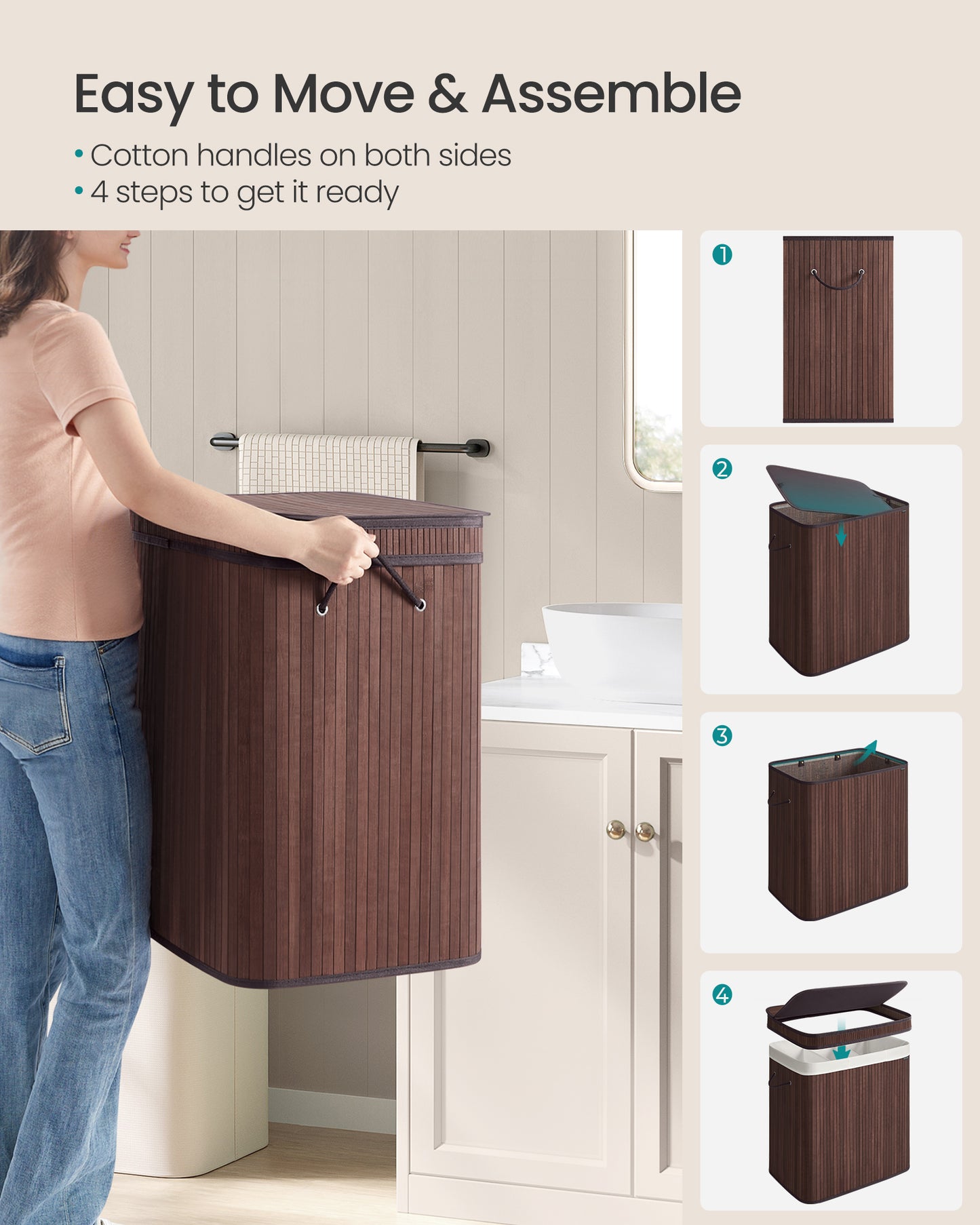 39.6 Gals Laundry Hamper Basket Bamboo Laundry Basket with Lid Removable Machine Washable with Handles Chestnut Brown