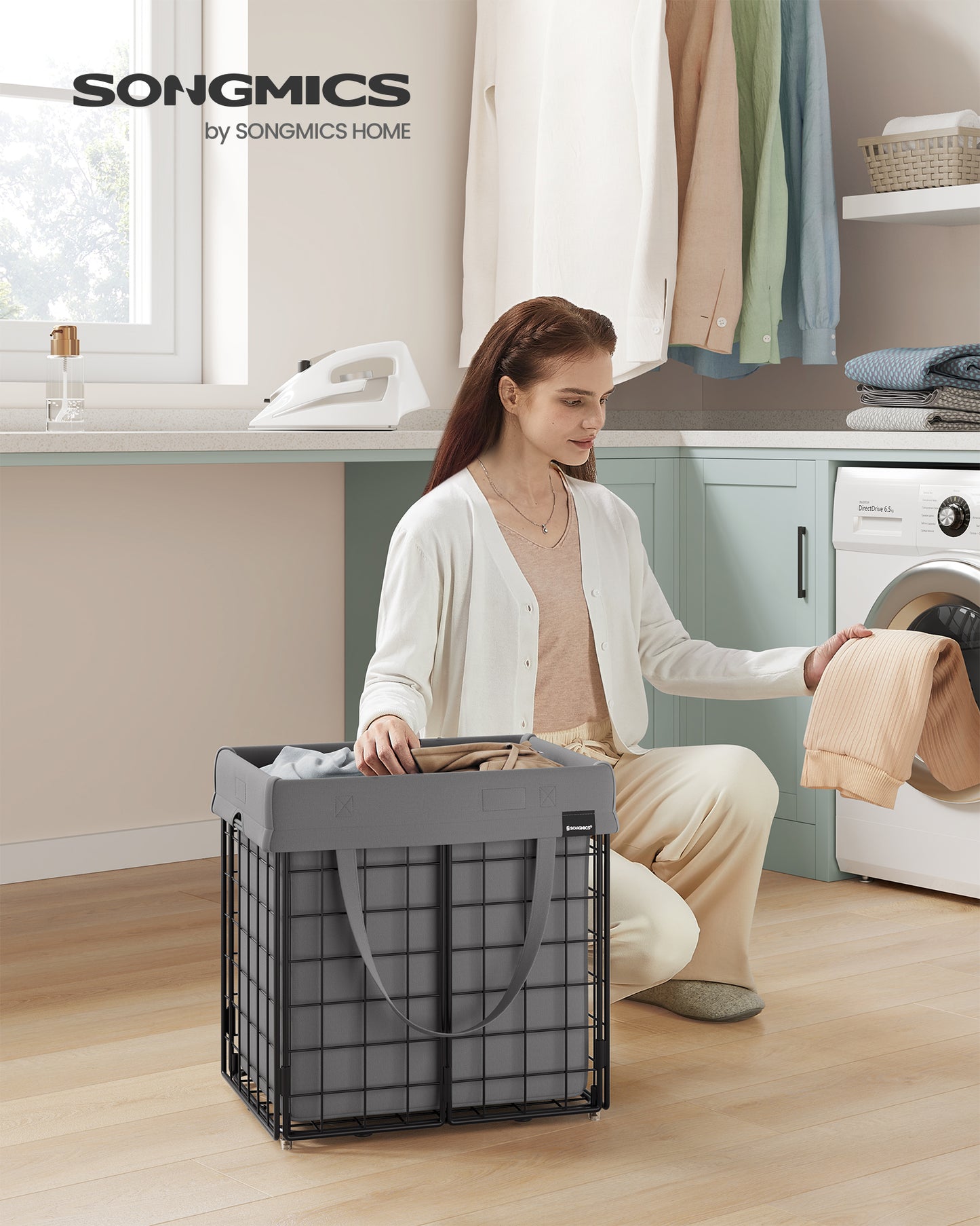 Collapsible Laundry Hamper with Removable Washable Liner, 11 Gallon Metal Frame Clothes Basket for Bedroom Bathroom, Black and Gray