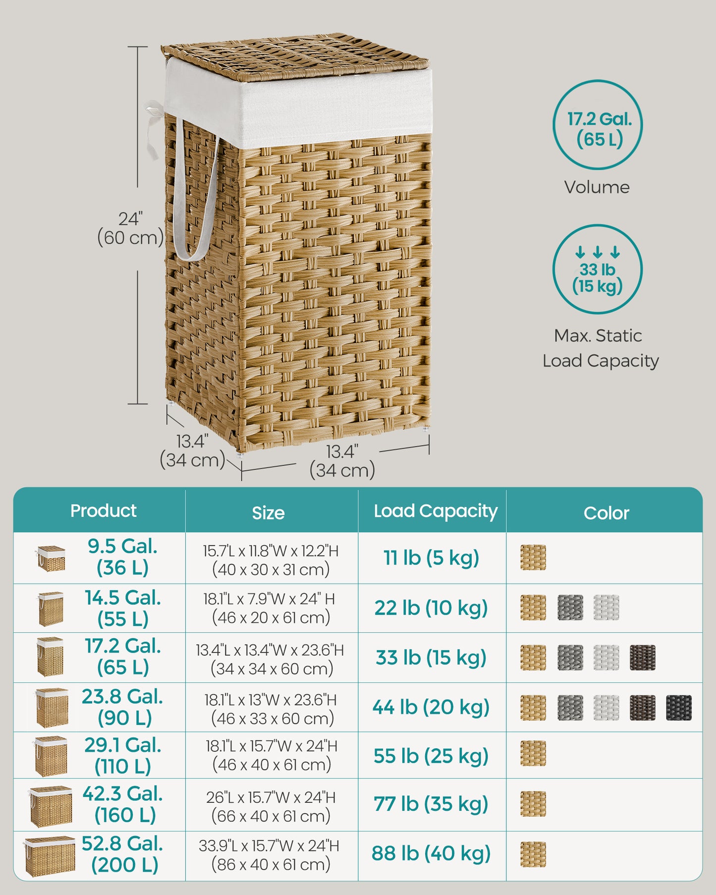 17.2 Gallon (65L) Wicker Laundry Hamper with Lid Laundry Basket with Handles Clothes Hamper Foldable Removable Liner Bag Natural