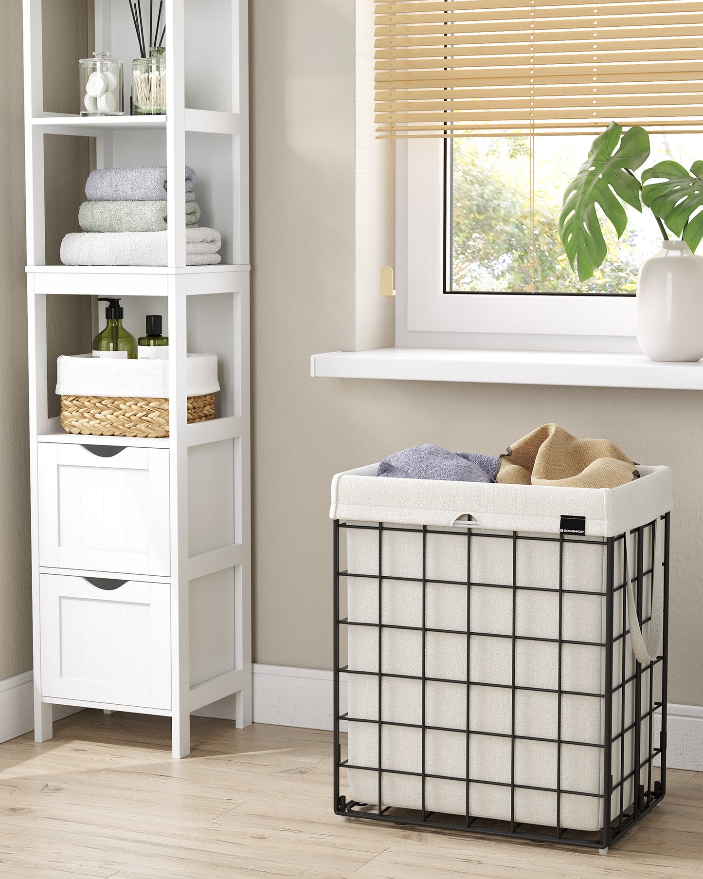 Laundry Hamper, 23.8 Gal. (90L) Laundry Basket, Collapsible Clothes Hamper, Black and White