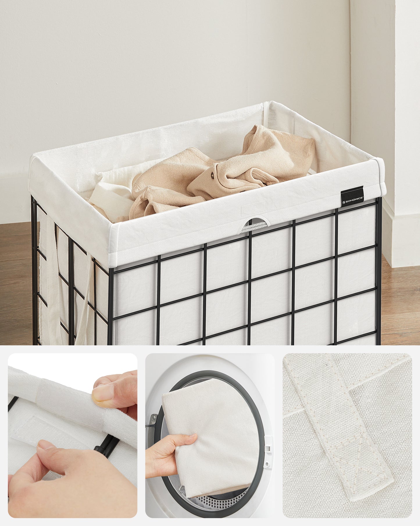 Laundry Hamper, 23.8 Gal. (90L) Laundry Basket, Collapsible Clothes Hamper, Black and White
