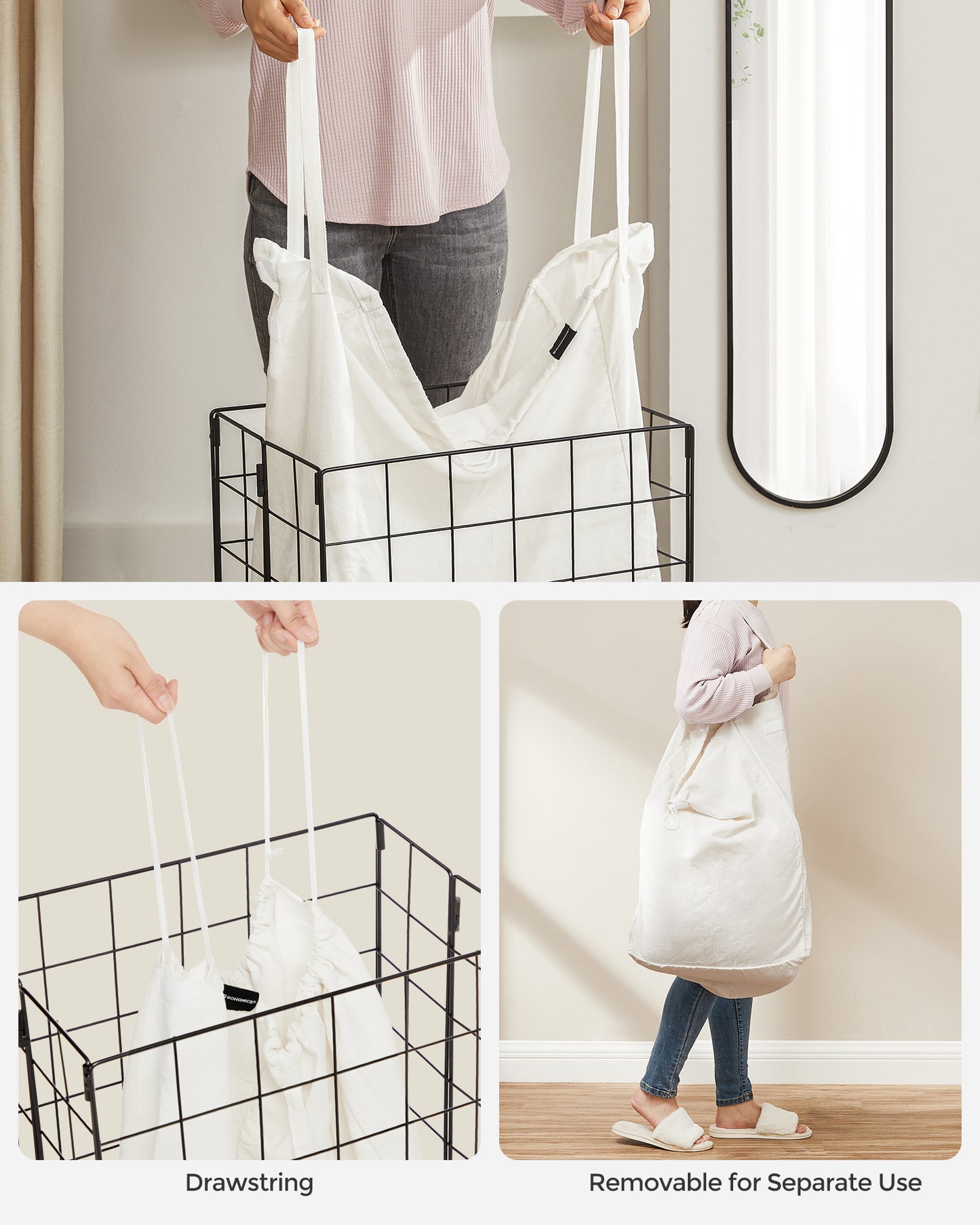 Laundry Hamper, 23.8 Gal. (90L) Laundry Basket, Collapsible Clothes Hamper, Black and White