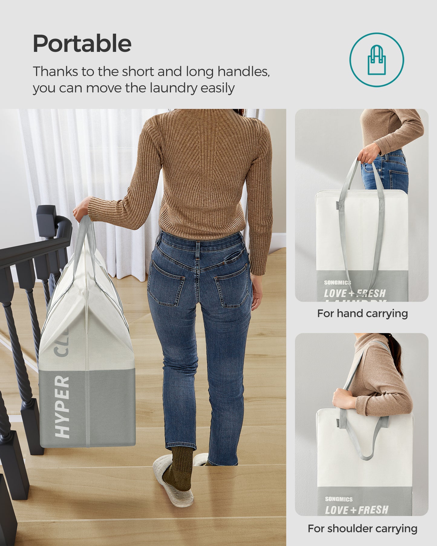 Laundry Baskets, Laundry Hamper with 2 Compartments, 23.8 Gallon (90L) Set of 2 Collapsible Water-Repellent Clothes Hampers, Tall Laundry Bag for Bedroom Bathroom, Light Gray