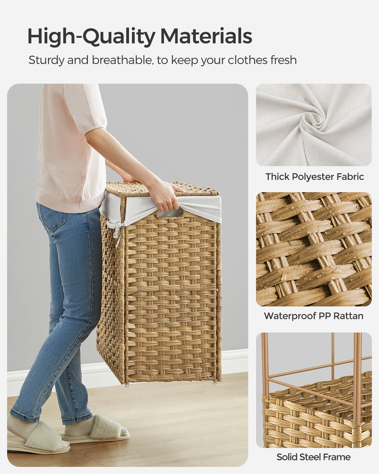 SONGMICS Laundry Hamper with Lid, 37 Gallons (140 L), Rolling Laundry Basket with Wheels, 3-Section Synthetic Rattan, Removable Liner, Natural
