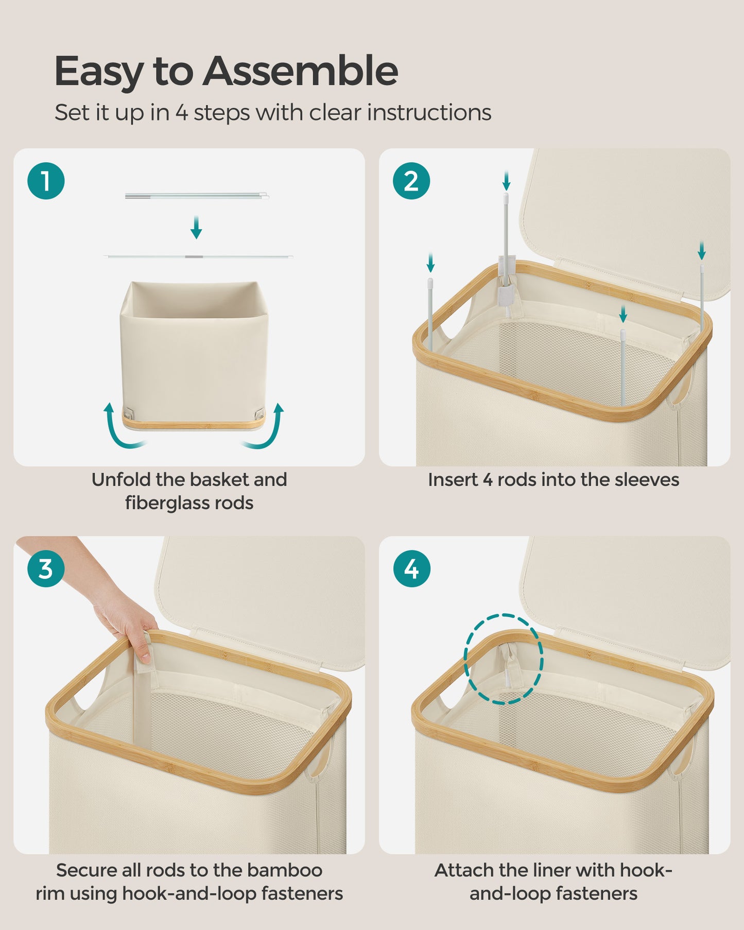 SONGMICS Laundry Hamper with Lid, Large Laundry Basket, 23.8 Gallons (90L), Removable Mesh Liner, Bamboo Handles, Collapsible Cream White