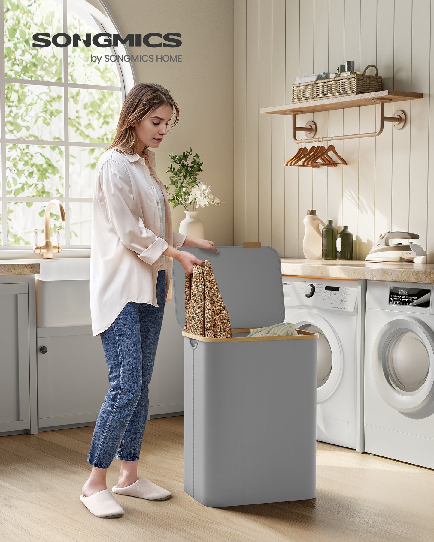 130L Laundry Hamper with Lid 3-Section Large Laundry Basket Removable Mesh Liner Bamboo Handles Collapsible Dove Gray