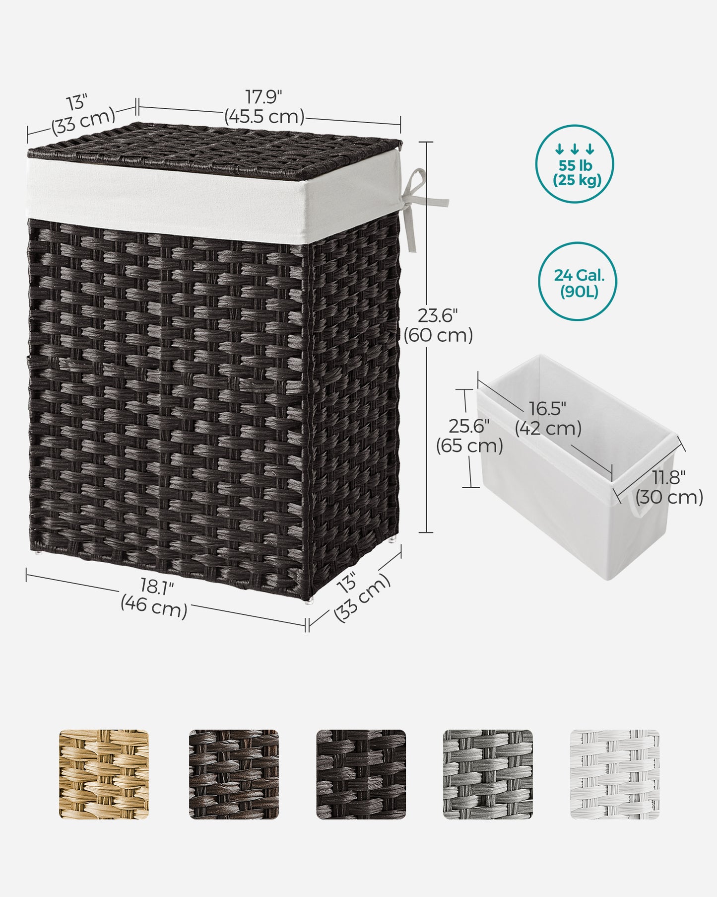SONGMICS Handwoven Laundry Hamper, 23.8 Gal (90L) Synthetic Rattan Clothes Laundry Basket with Lid and Handles, Foldable, Removable Liner Bag, Black