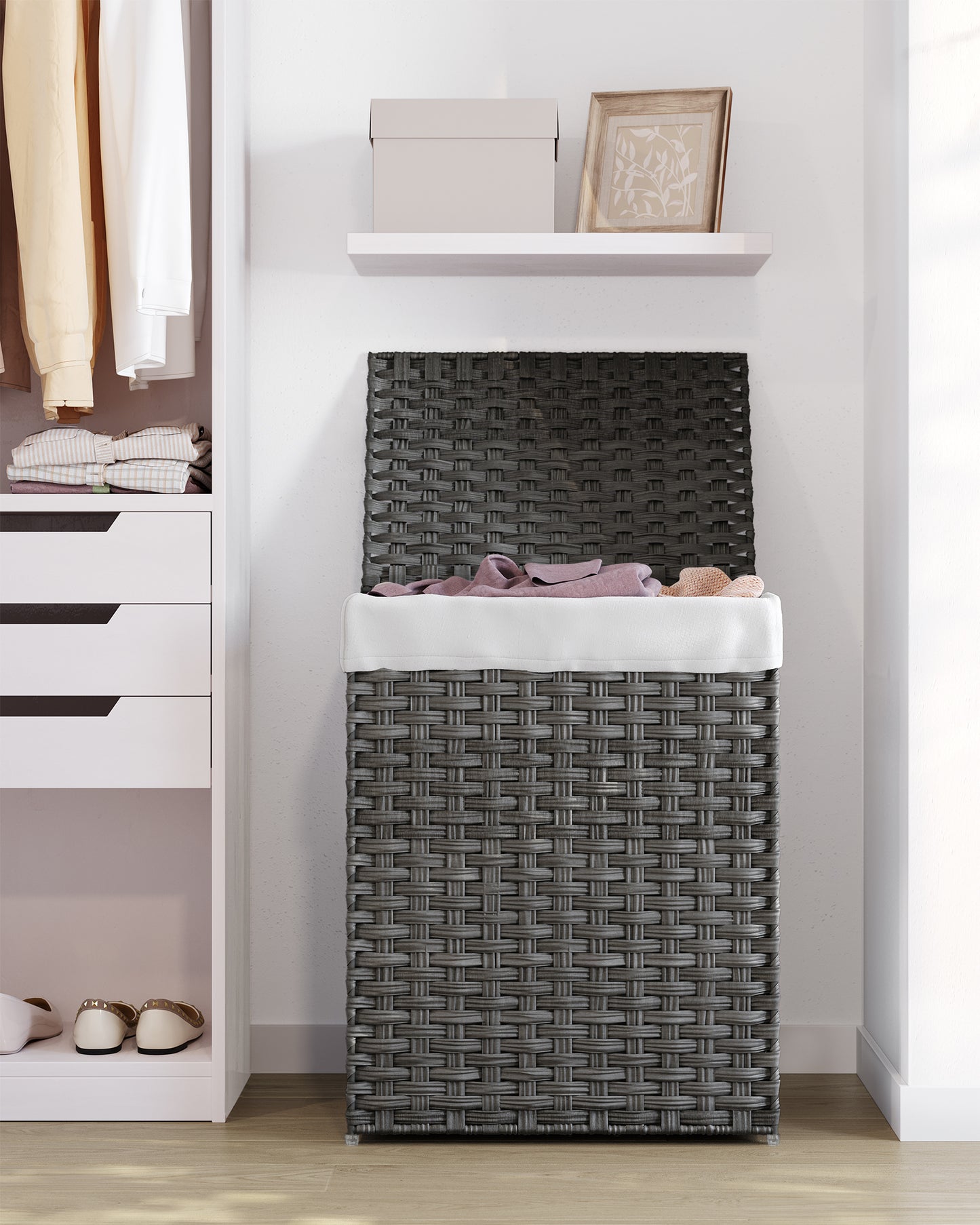 SONGMICS 23 Gallons Laundry Hamper with Lid Bamboo Laundry Basket Foldable with Handles Gray