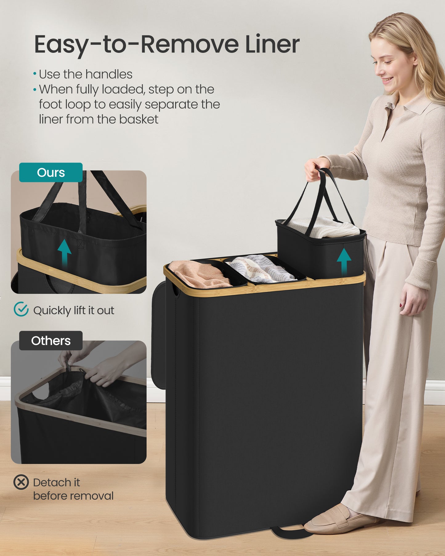 SONGMICS Laundry Hamper, Laundry Sorter with Lid, Storage Basket Bin, Removable Liners, Bamboo Frame, 3 Sections, 44.9 Gal. (170 L), Ink Black