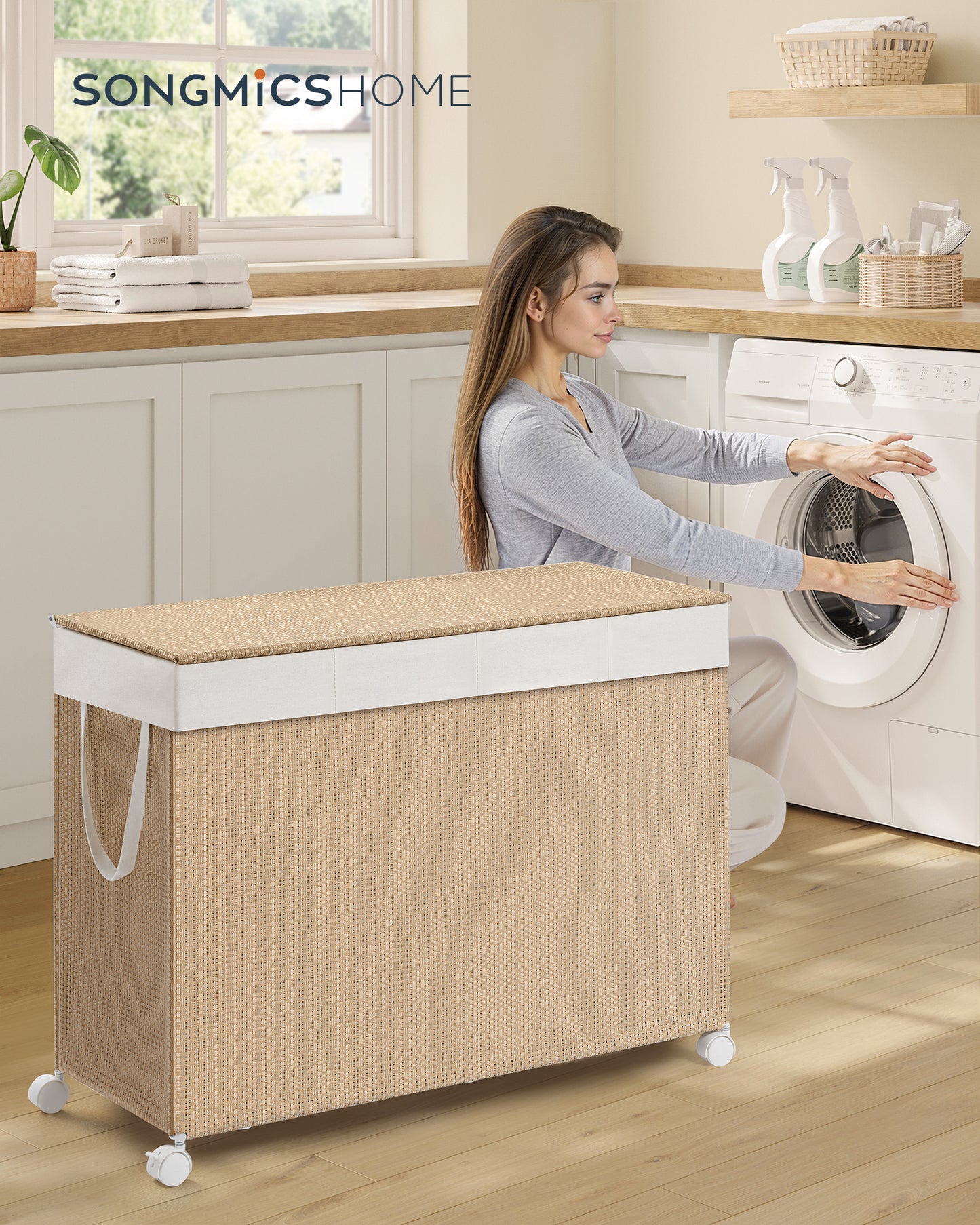 Natural Beige & Matte White 4 - Compartment Laundry Hamper. 47.6 Gal Laundry Sorter on Wheels, with Lid, Removable Liners & Handles