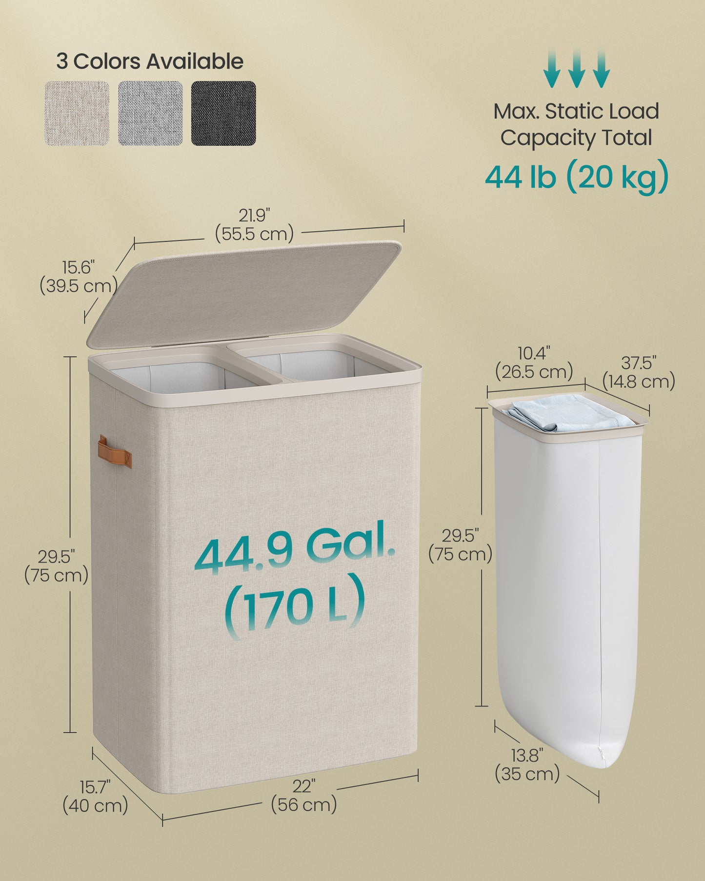 Laundry Basket, 44.9 Gal. Laundry Hamper, 2 Compartments, Easy Assembly, with Lid and Handles, Removable Inner Bags, 22 x 15.7 x 29.5 Inches, Cappuccino Beige