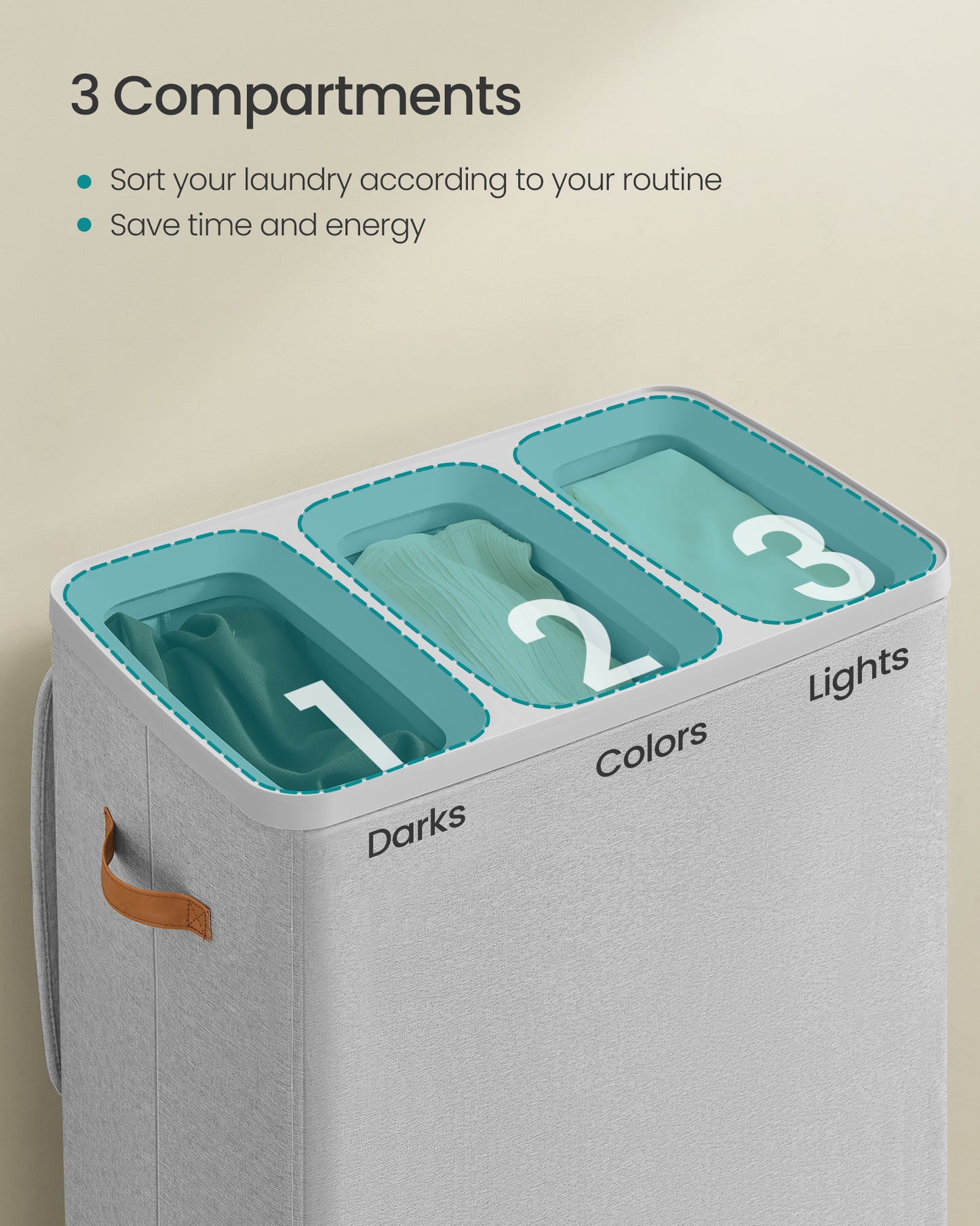 Laundry Hamper, 50.2 Gal 3-Compartment Basket with Lid & Removable Liners, for Whole Family Laundry Sorting, Dove Gray