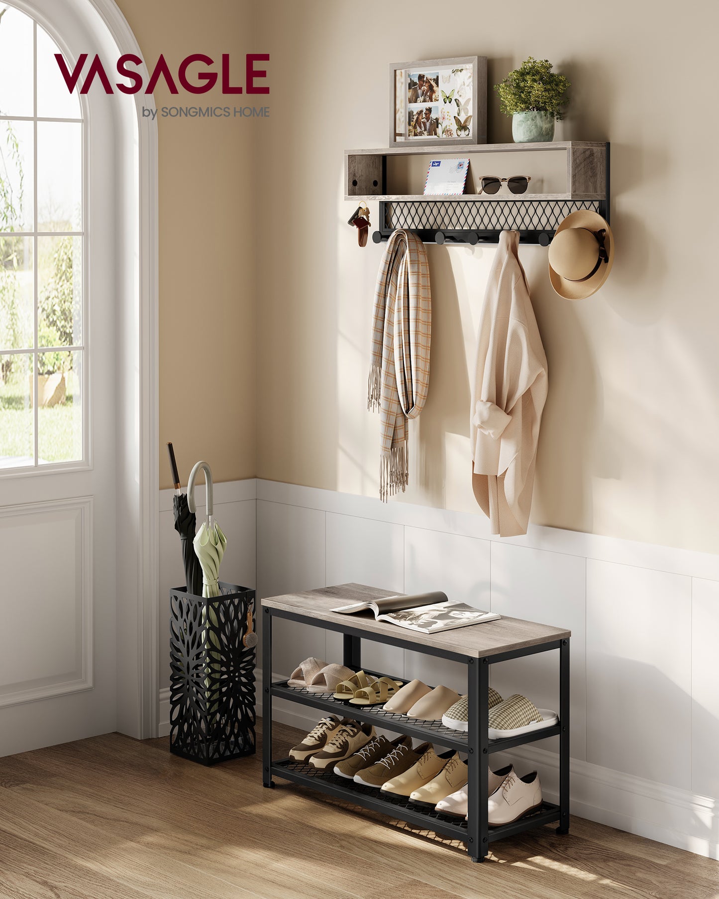 VASAGLE Coat Rack Shoe Bench Set - Multifunctional Hall Tree with Bench Greige