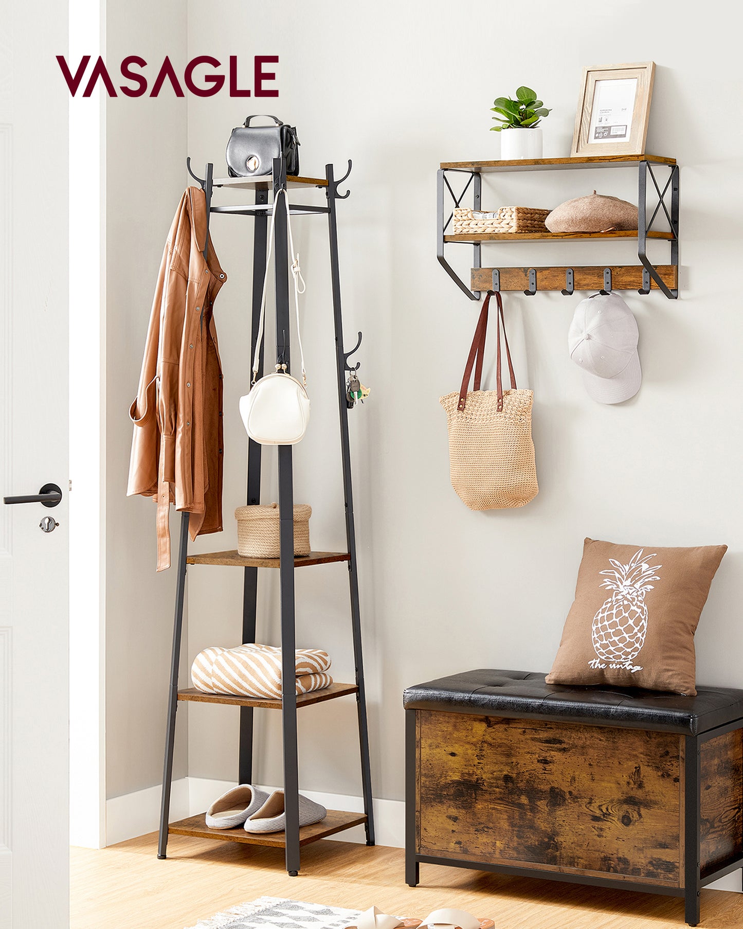 VASAGLE ALINRU Coat Rack with 3 Shelves Industrial Style Stand with Hooks for Scarves, Bags, and Umbrellas Steel Frame Rustic Brown and Black