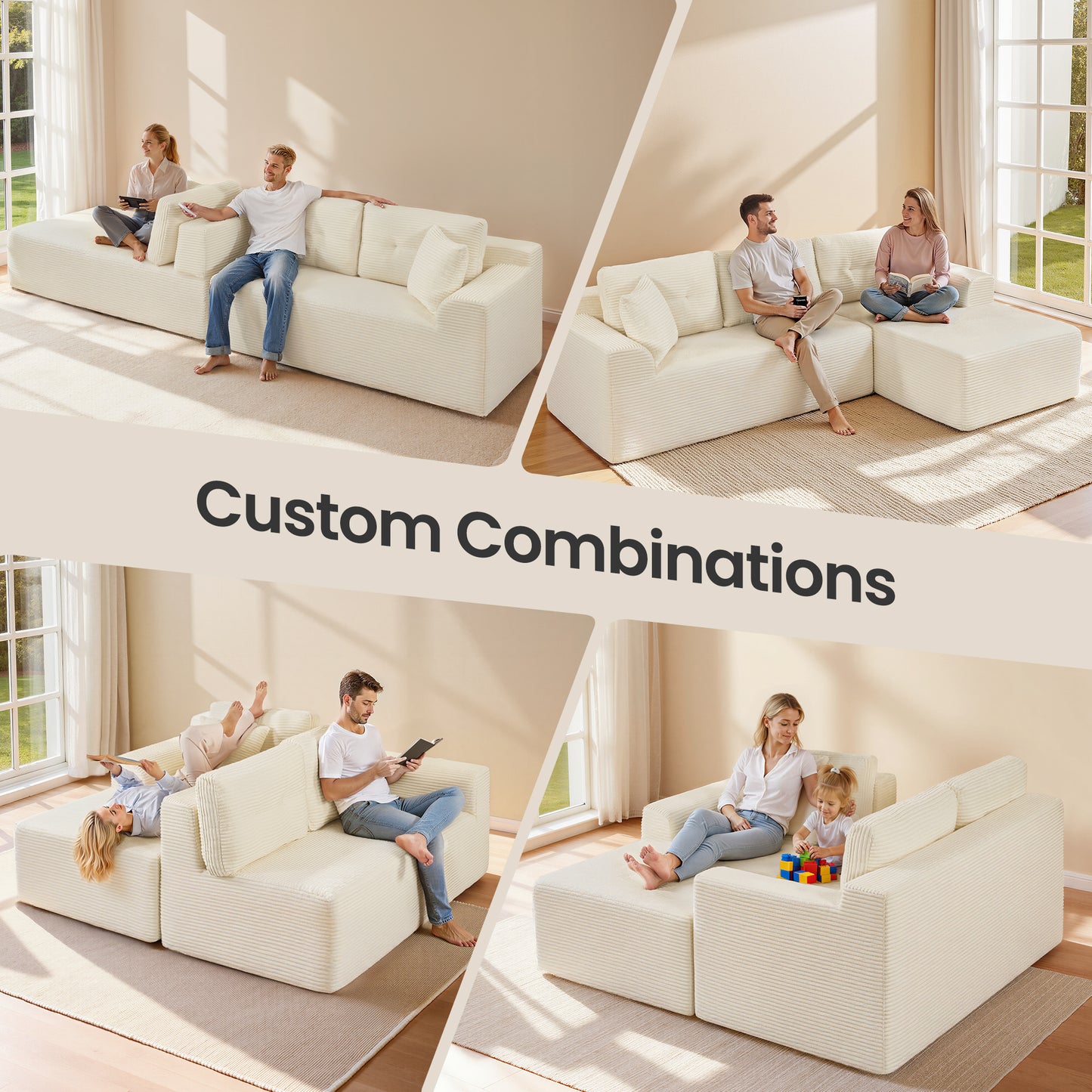 VASAGLE 108.3 Inches Boneless Couch with Chaise, with Deep Seat, L-Shape Corduroy Sofa for Living Room, Right-Facing Chaise, Cream White