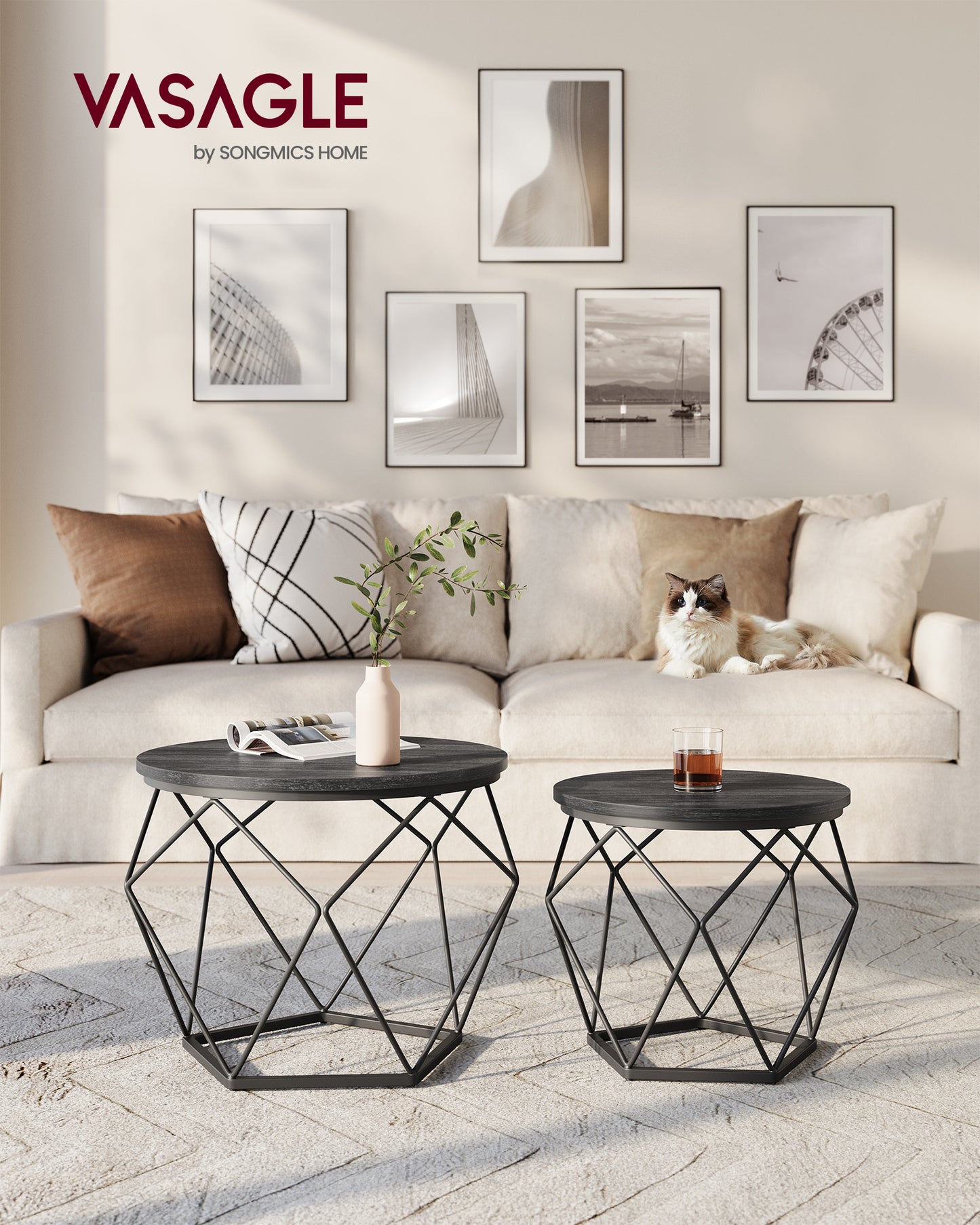 VASAGLE Small Round Coffee Table Set of 2 Side End Table with Steel Frame Charcoal Gray and Ink Black