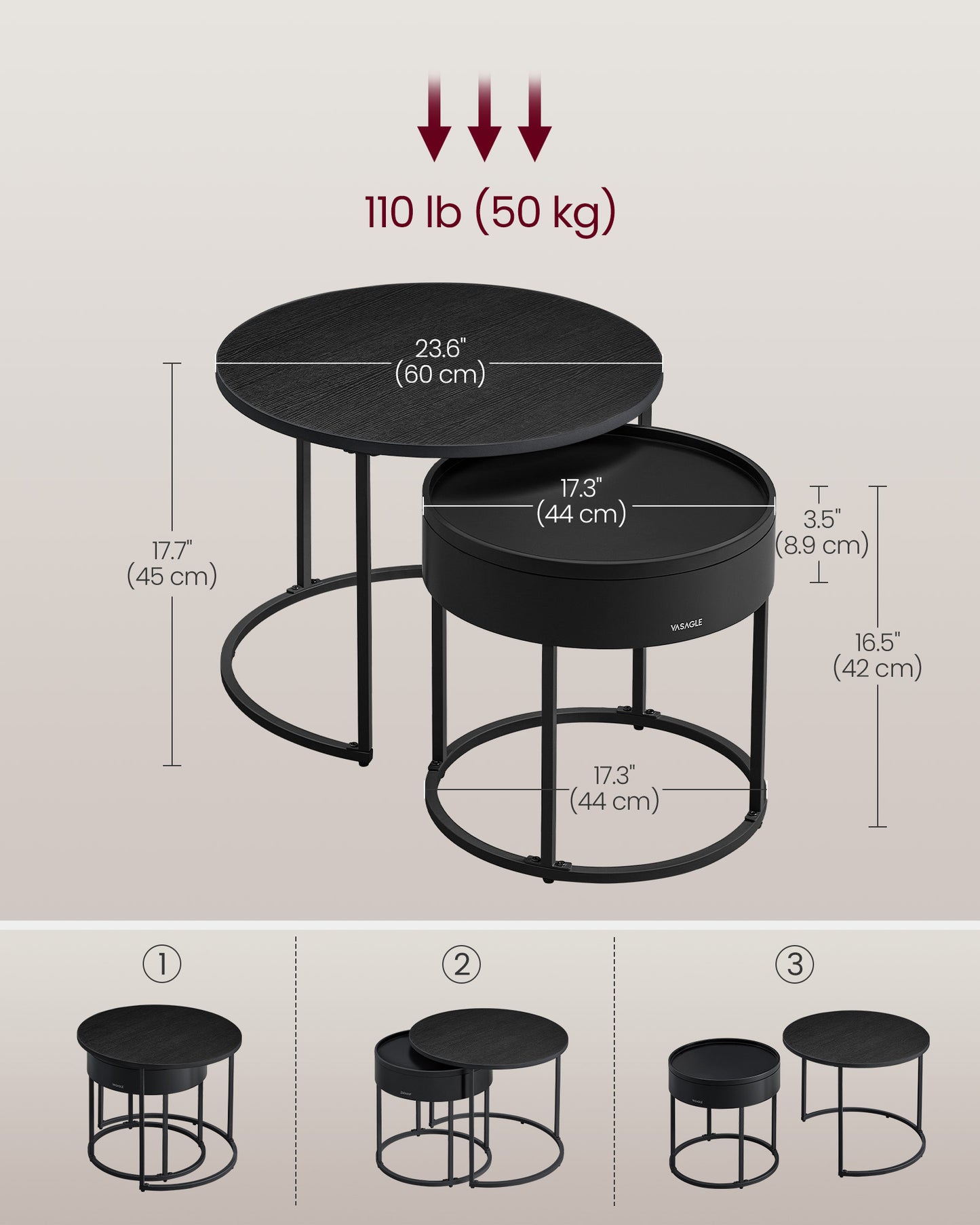 Round Coffee Tables, Set of 2 Nesting Tables, Modern Round Side Tables with Hidden Storage and Top Tray, for Living Room, Bedroom, Office, Ebony Black and Ink Black