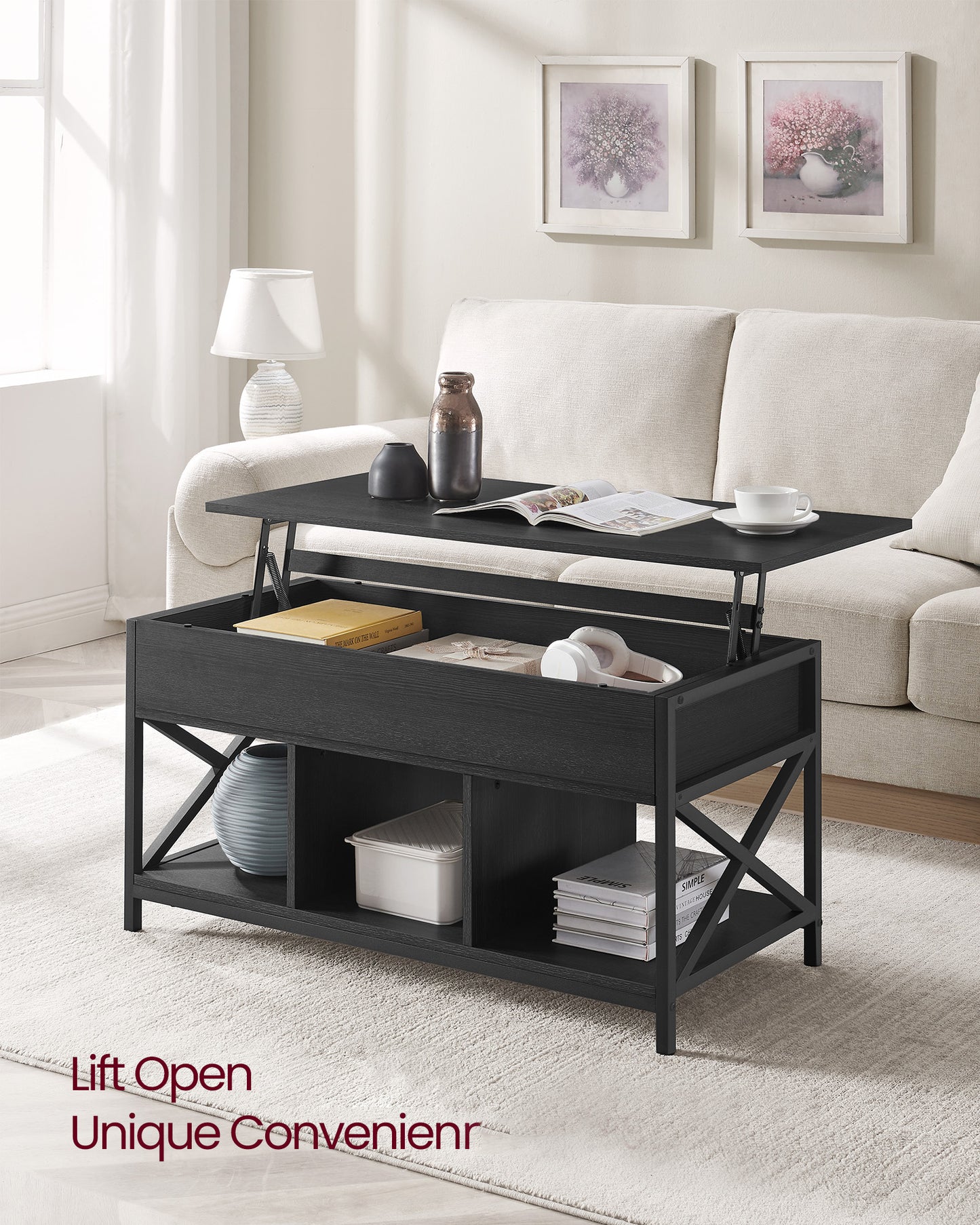 Lift Top Coffee Table, Lift Coffee Table with Storage Shelf, Hidden Compartments and Lifting Top, for Living Room, Office, 19.7 x 39.4 x (19.3-24.4) Inches, Black with Wood Grain