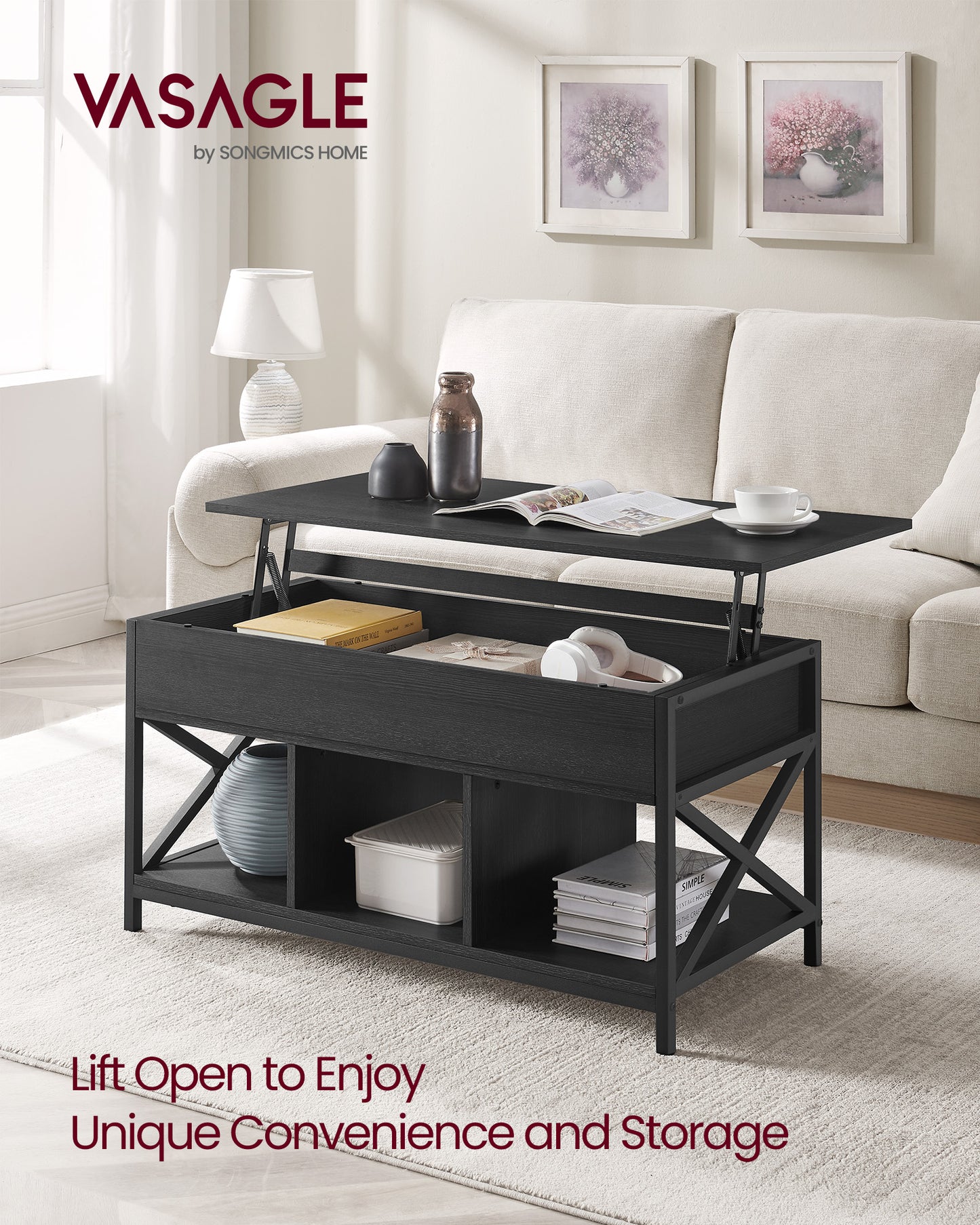 Lift Top Coffee Table, Lift Coffee Table with Storage Shelf, Hidden Compartments and Lifting Top, for Living Room, Office, 19.7 x 39.4 x (19.3-24.4) Inches, Black with Wood Grain