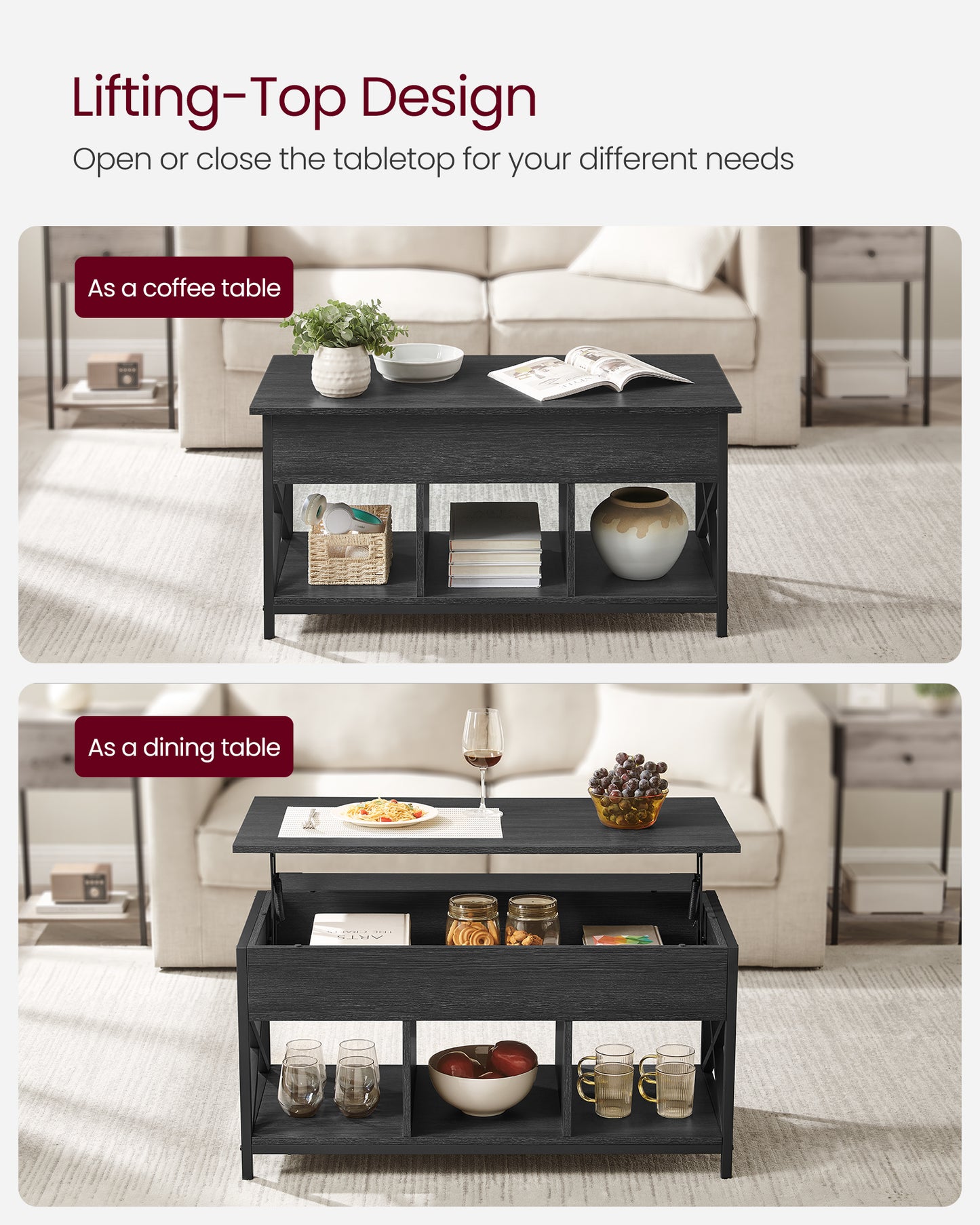 Lift Top Coffee Table, Lift Coffee Table with Storage Shelf, Hidden Compartments and Lifting Top, for Living Room, Office, 19.7 x 39.4 x (19.3-24.4) Inches, Black with Wood Grain