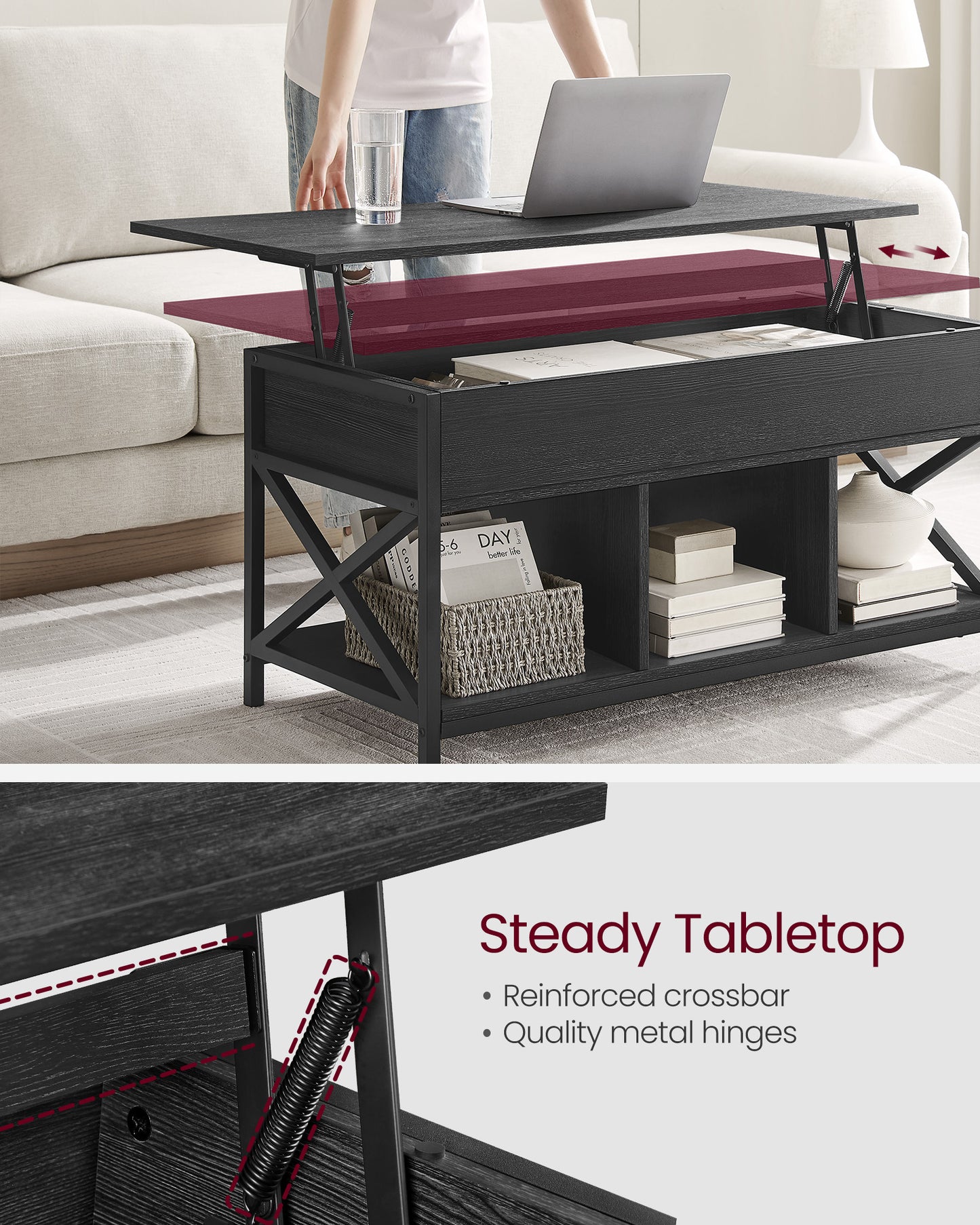 Lift Top Coffee Table, Lift Coffee Table with Storage Shelf, Hidden Compartments and Lifting Top, for Living Room, Office, 19.7 x 39.4 x (19.3-24.4) Inches, Black with Wood Grain