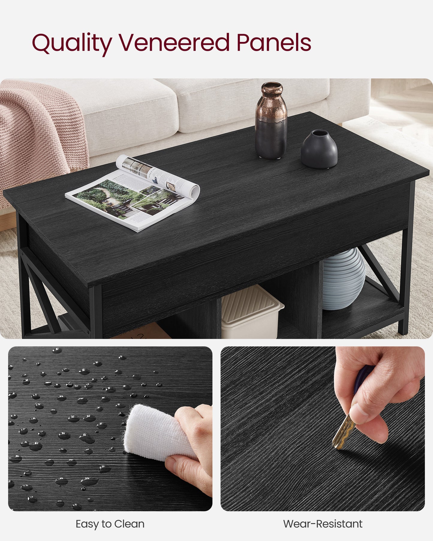 Lift Top Coffee Table, Lift Coffee Table with Storage Shelf, Hidden Compartments and Lifting Top, for Living Room, Office, 19.7 x 39.4 x (19.3-24.4) Inches, Black with Wood Grain