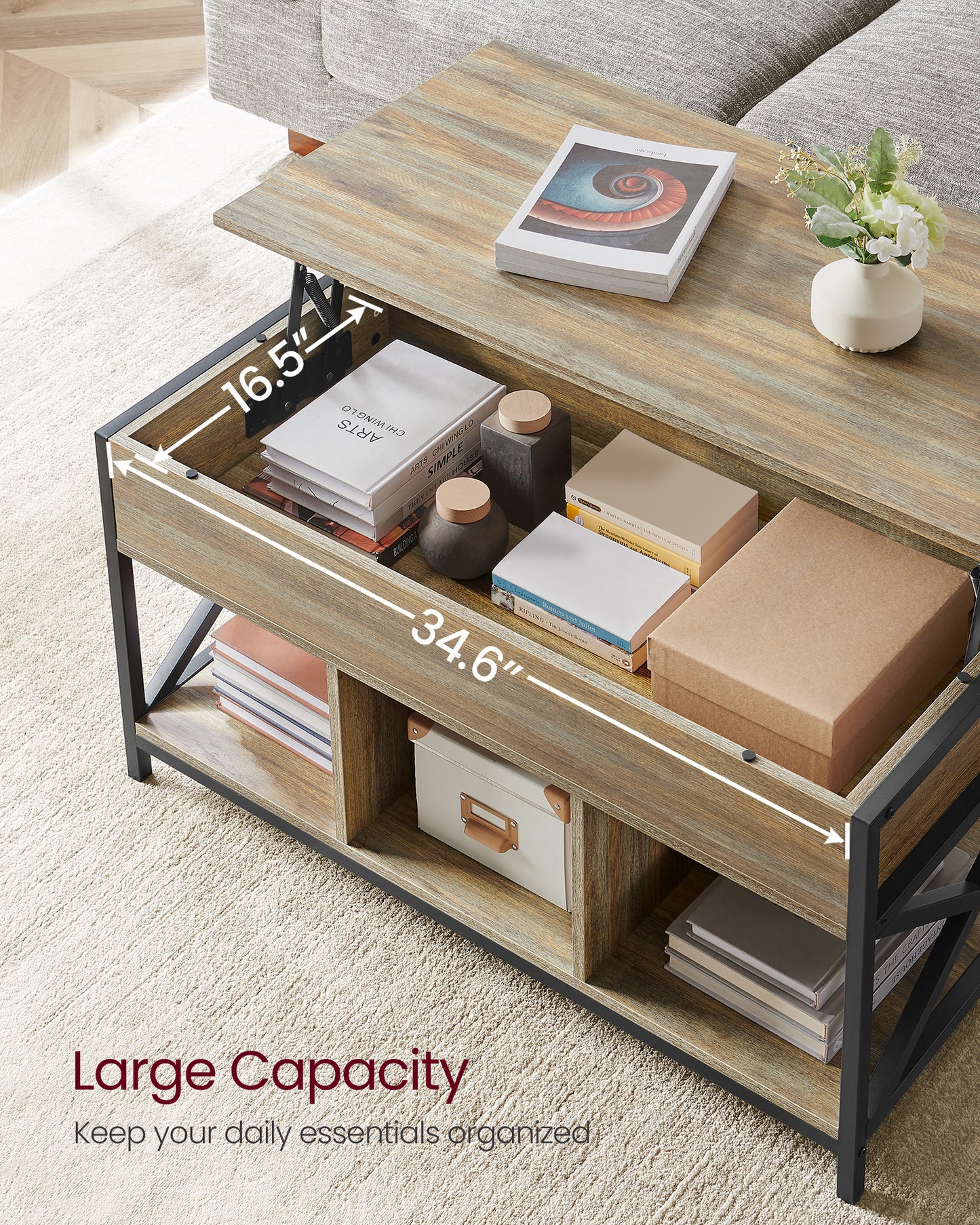 Lift Top Coffee Table, Lift Coffee Table with Storage Shelf, Hidden Compartments and Lifting Top, for Living Room, Office, 19.7 x 39.4 x (19.3-24.4) Inches, Oak with Blue Grains