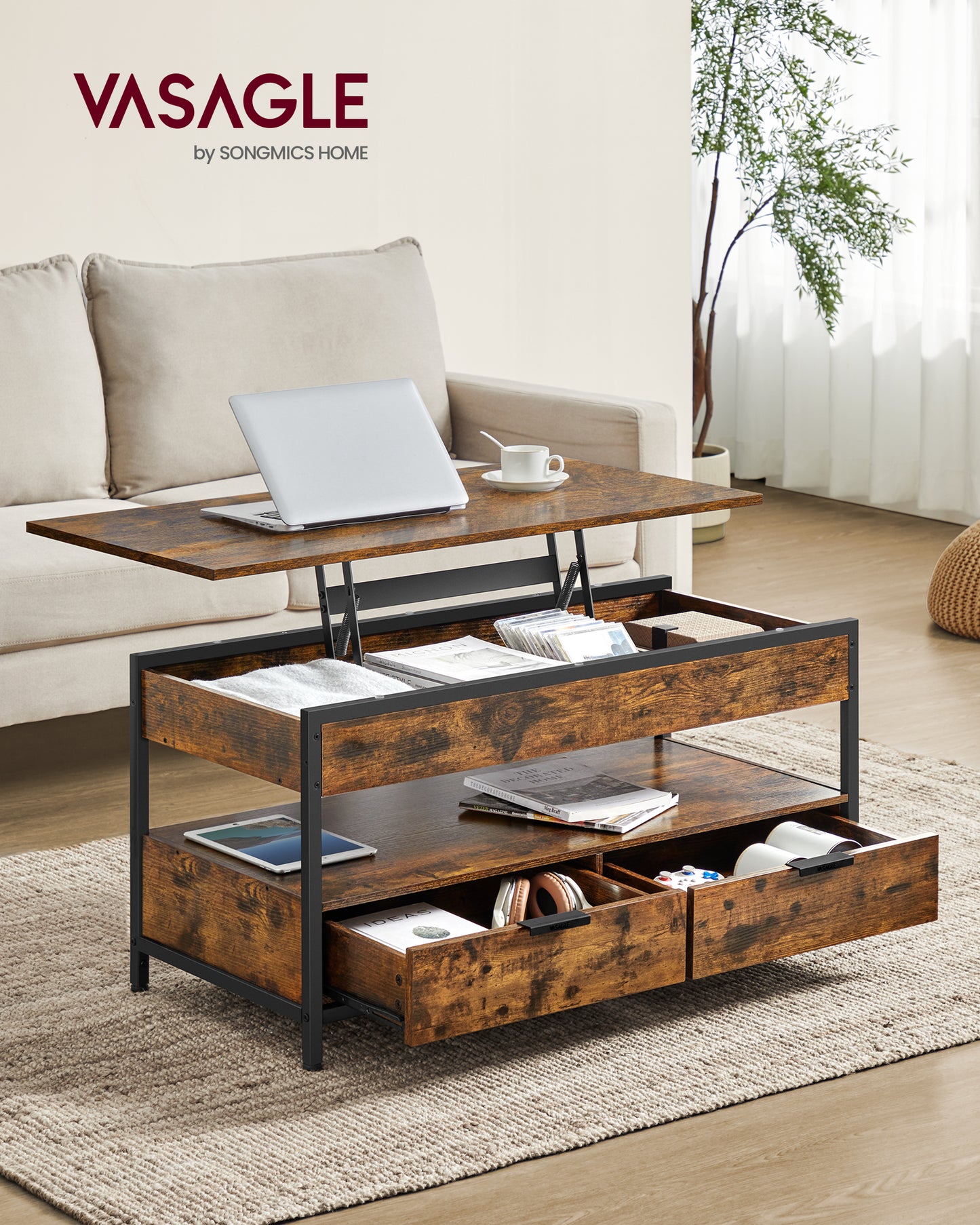 Lift Top Coffee Table with Storage Drawers, Coffee Table for Living Room with Lifting Top, Hidden Compartments and Open Shelf, Rustic Brown and Ink Black