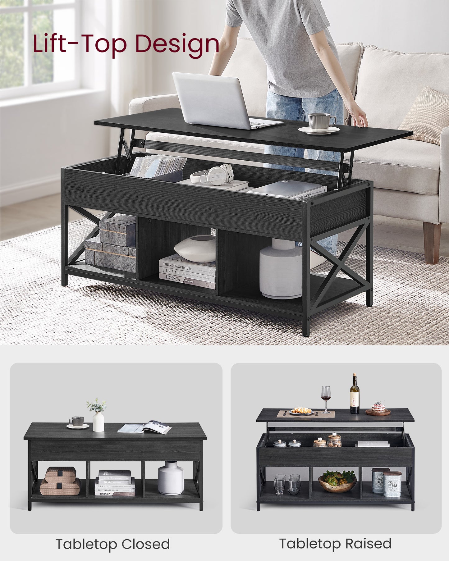 Lift Top Coffee Table, Lift Coffee Table with Storage Shelf, Hidden Compartments and Lifting Top, for Living Room, Office, 19.7 x 47.2 x (19.3-24.4) Inches, Black with Wood Grain