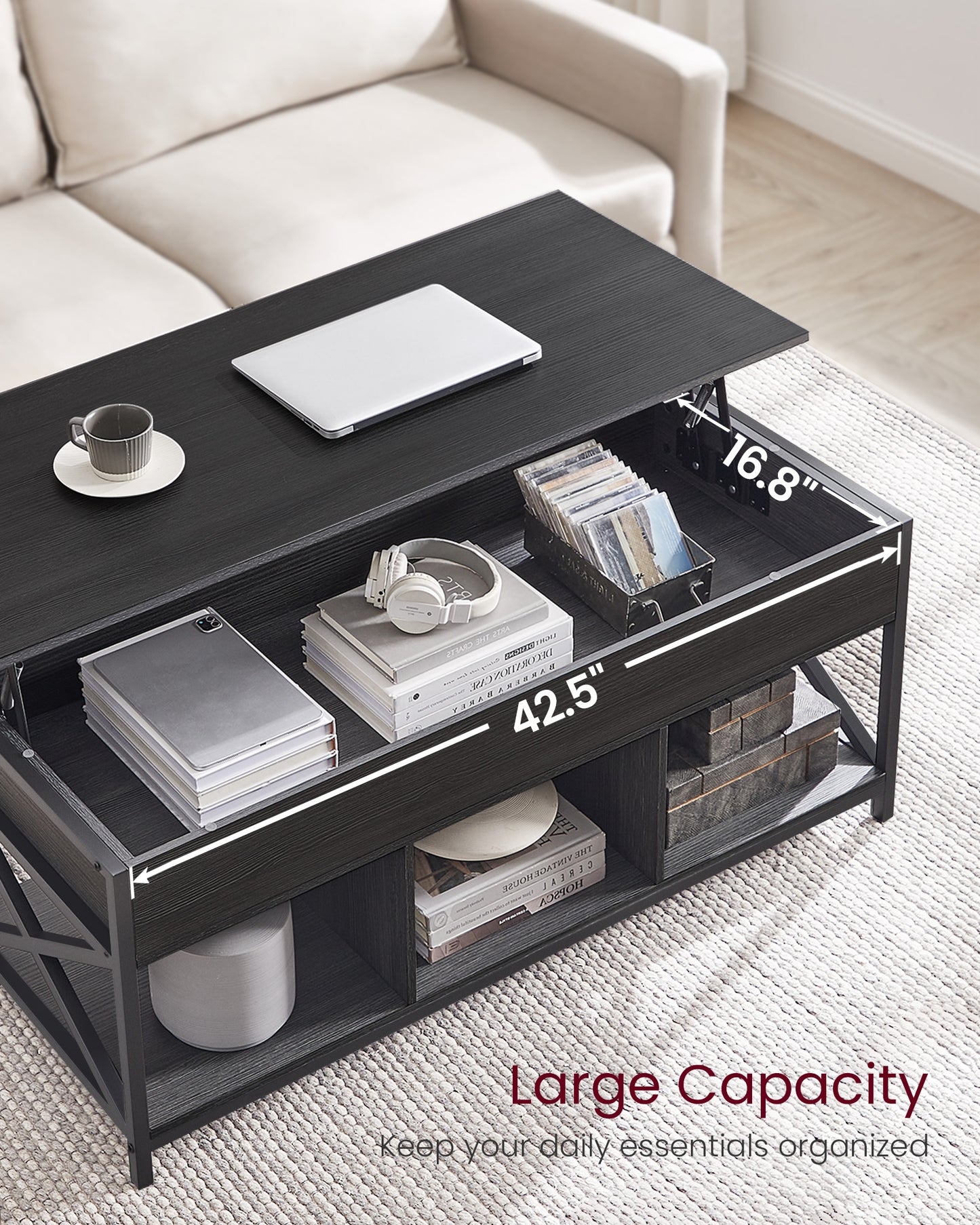 Lift Top Coffee Table, Lift Coffee Table with Storage Shelf, Hidden Compartments and Lifting Top, for Living Room, Office, 19.7 x 47.2 x (19.3-24.4) Inches, Black with Wood Grain