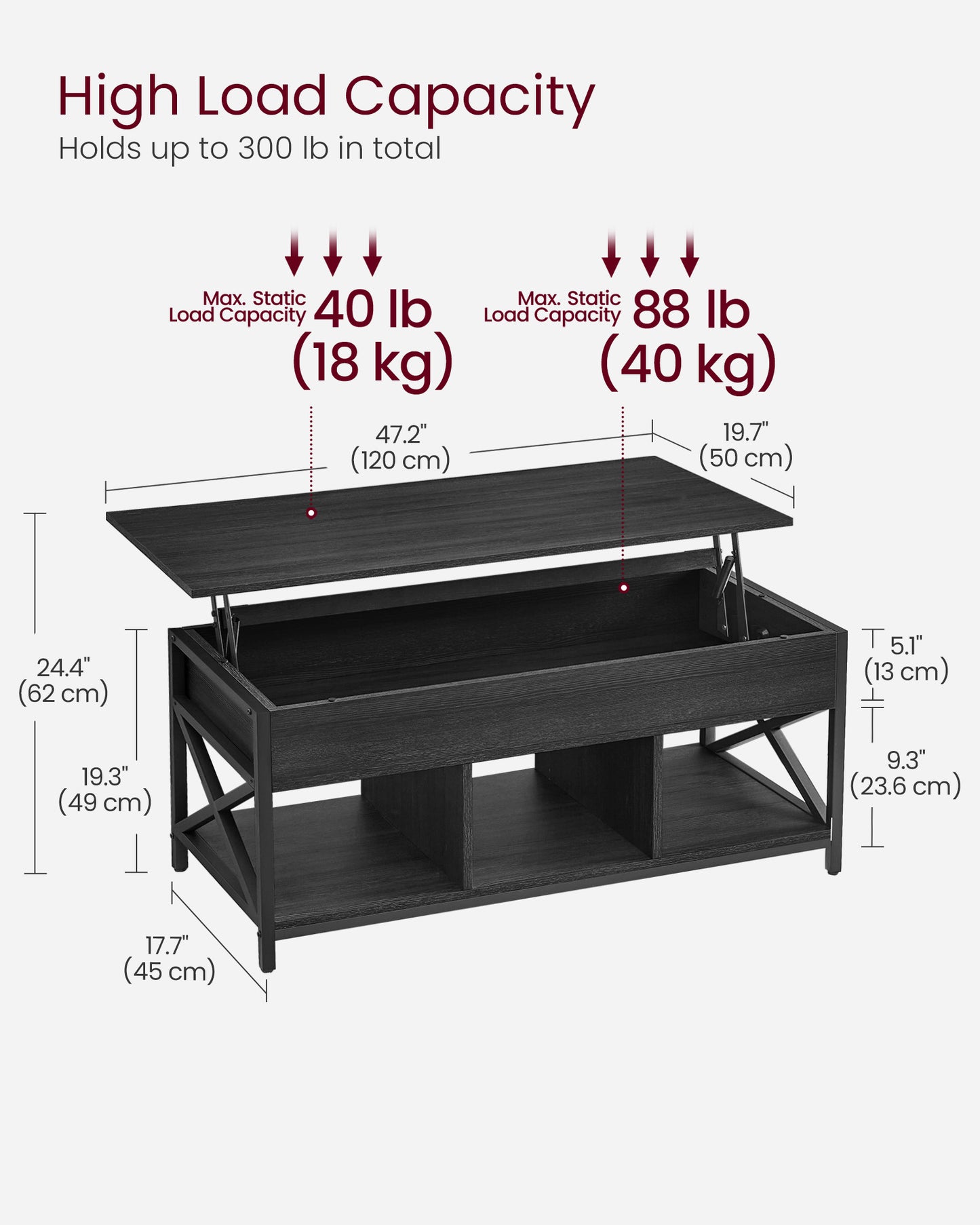 Lift Top Coffee Table, Lift Coffee Table with Storage Shelf, Hidden Compartments and Lifting Top, for Living Room, Office, 19.7 x 47.2 x (19.3-24.4) Inches, Black with Wood Grain