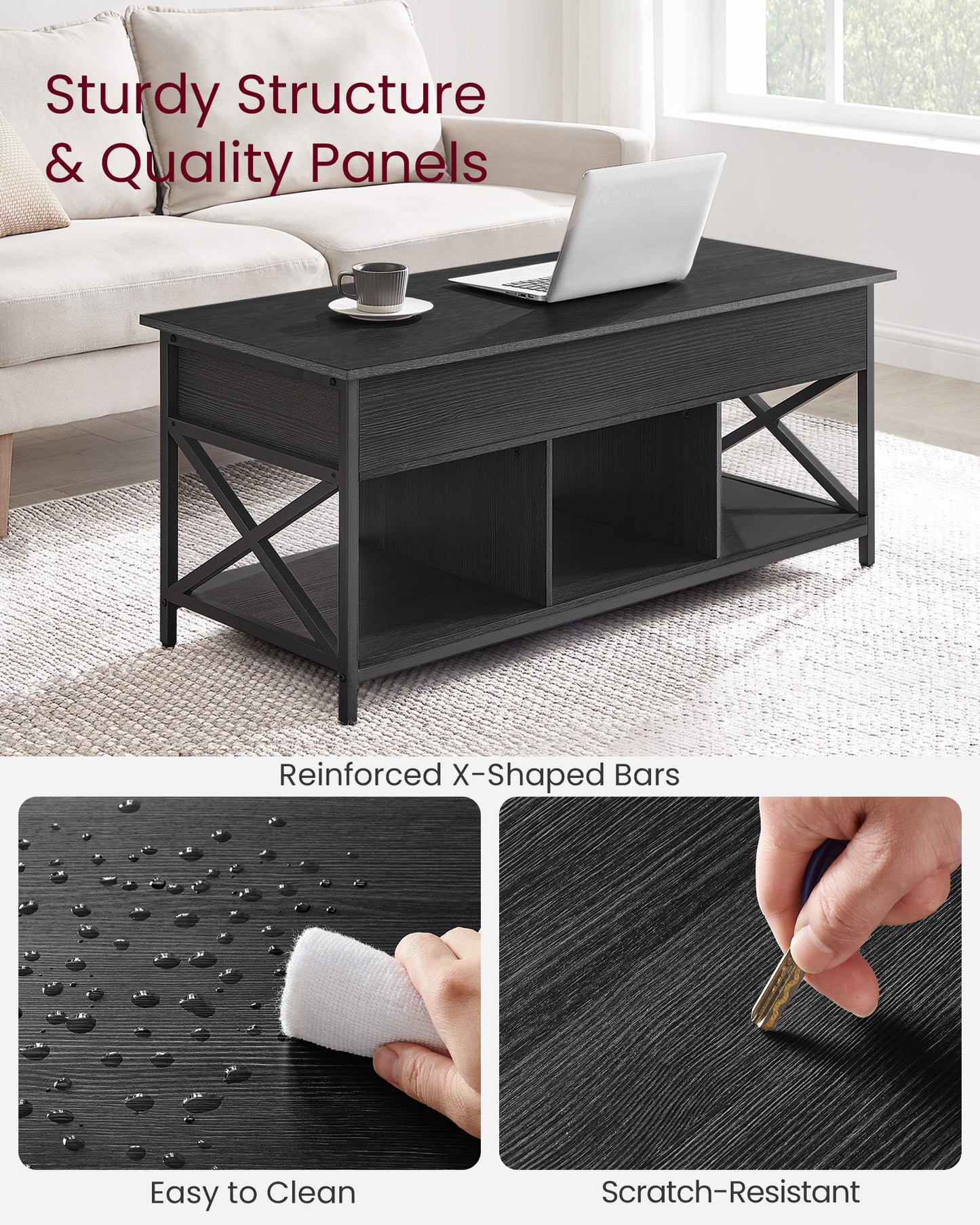 Lift Top Coffee Table, Lift Coffee Table with Storage Shelf, Hidden Compartments and Lifting Top, for Living Room, Office, 19.7 x 47.2 x (19.3-24.4) Inches, Black with Wood Grain