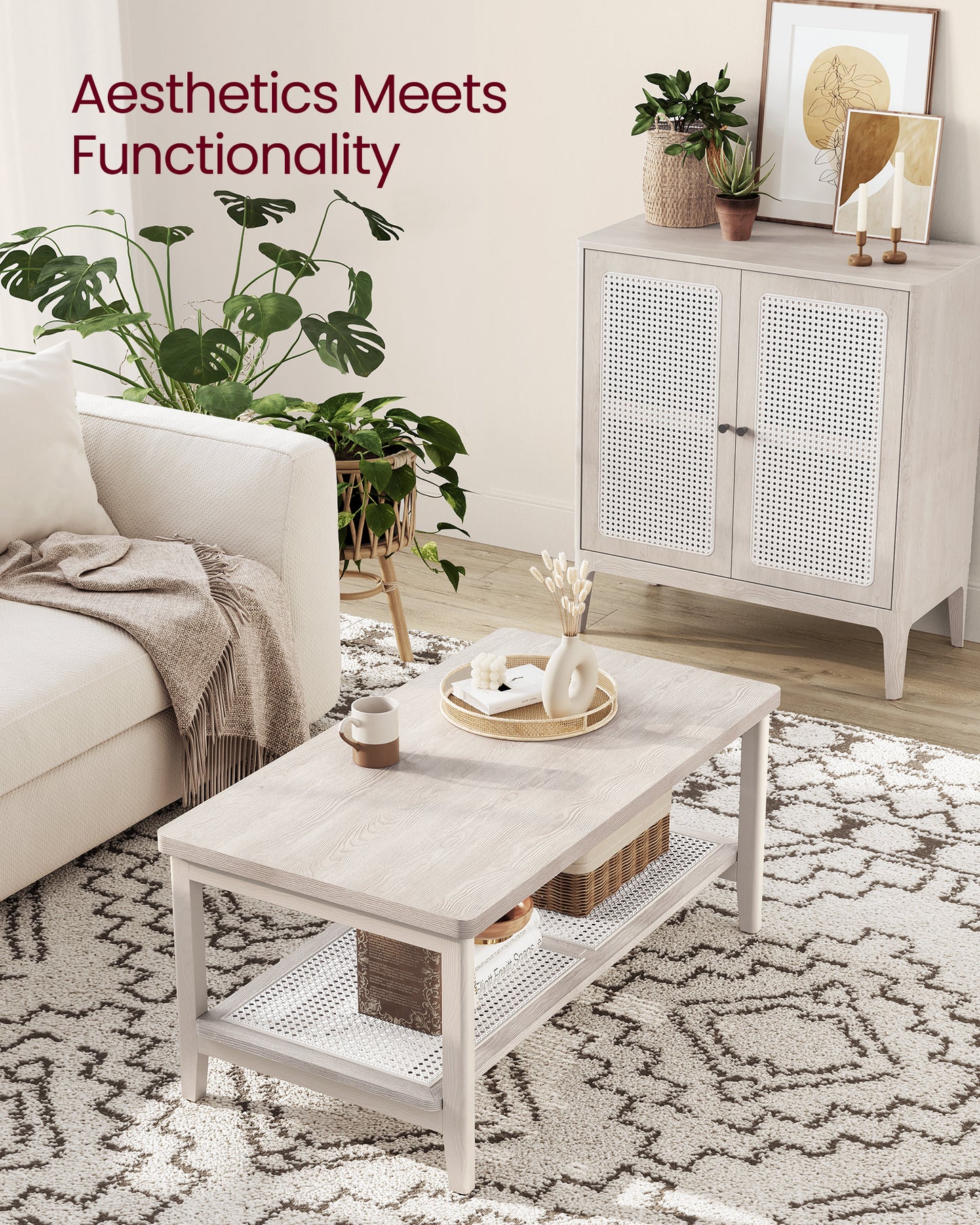 2-Tier Coffee Table for Living Room, Rectangular Living Room Table, with PVC Rattan Storage Shelf, Rounded Corners, Easy Assembly, Boho Style, 21.7 x 39.4 x 17.7 Inches, Oatmeal Beige