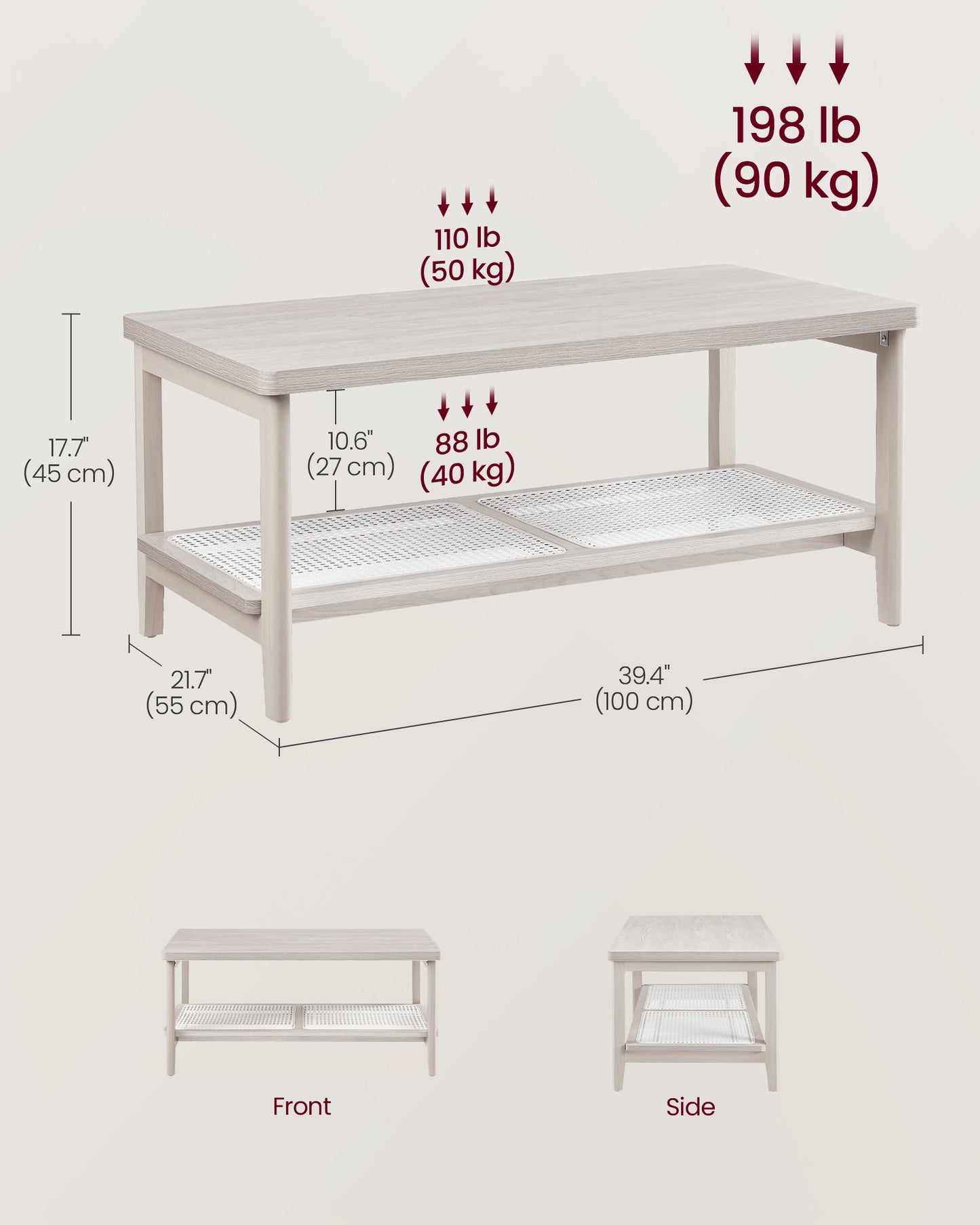 2-Tier Coffee Table for Living Room, Rectangular Living Room Table, with PVC Rattan Storage Shelf, Rounded Corners, Easy Assembly, Boho Style, 21.7 x 39.4 x 17.7 Inches, Oatmeal Beige
