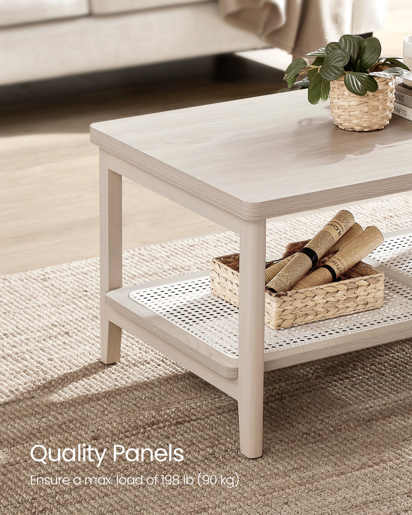 2-Tier Coffee Table for Living Room, Rectangular Living Room Table, with PVC Rattan Storage Shelf, Rounded Corners, Easy Assembly, Boho Style, 21.7 x 39.4 x 17.7 Inches, Oatmeal Beige