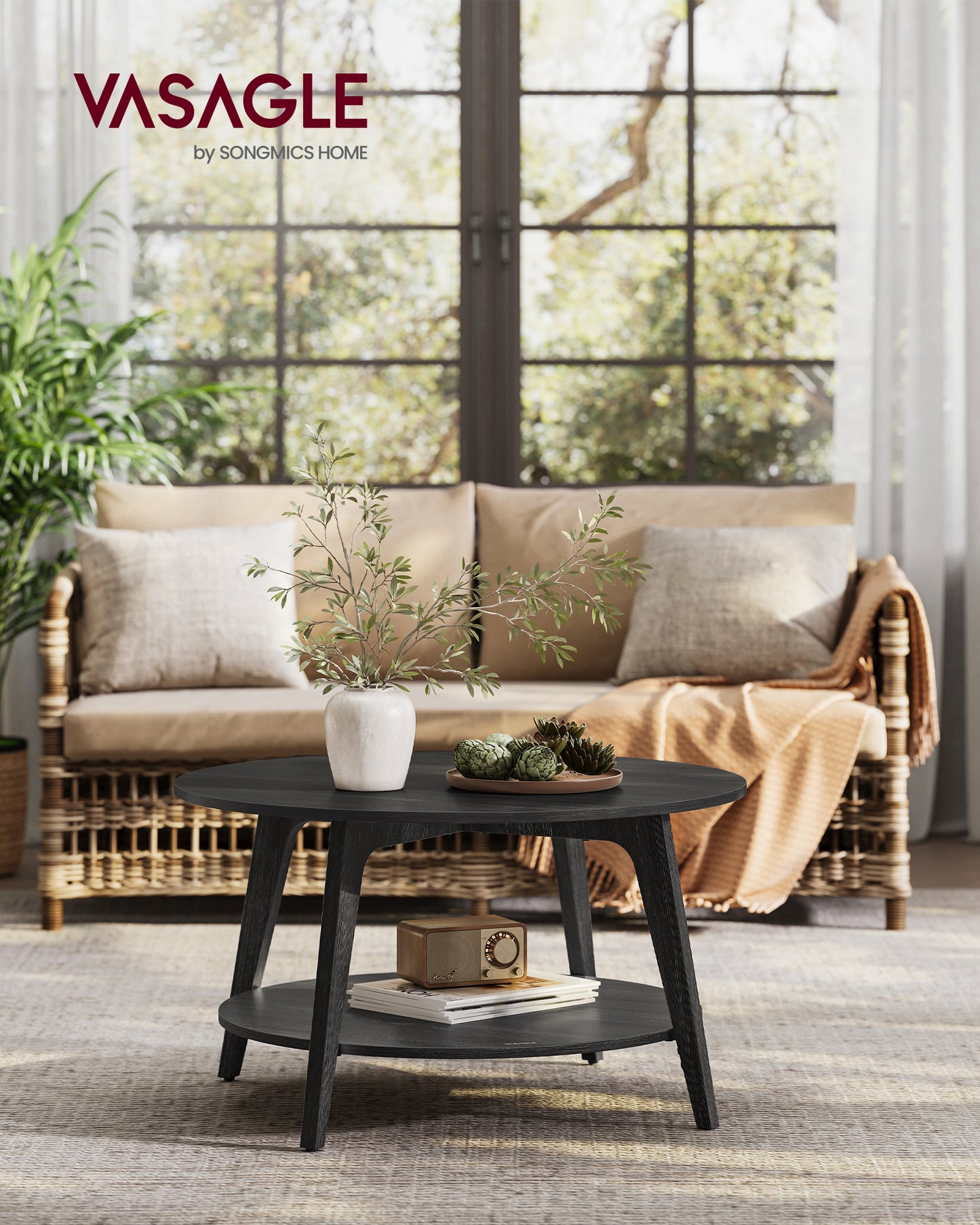 VASAGLE Round Coffee Table, 2 Tier Coffee Table with Storage, for Living Room, 31.5 x 17.7 Inches, Easy to Assemble, Charcoal Gray