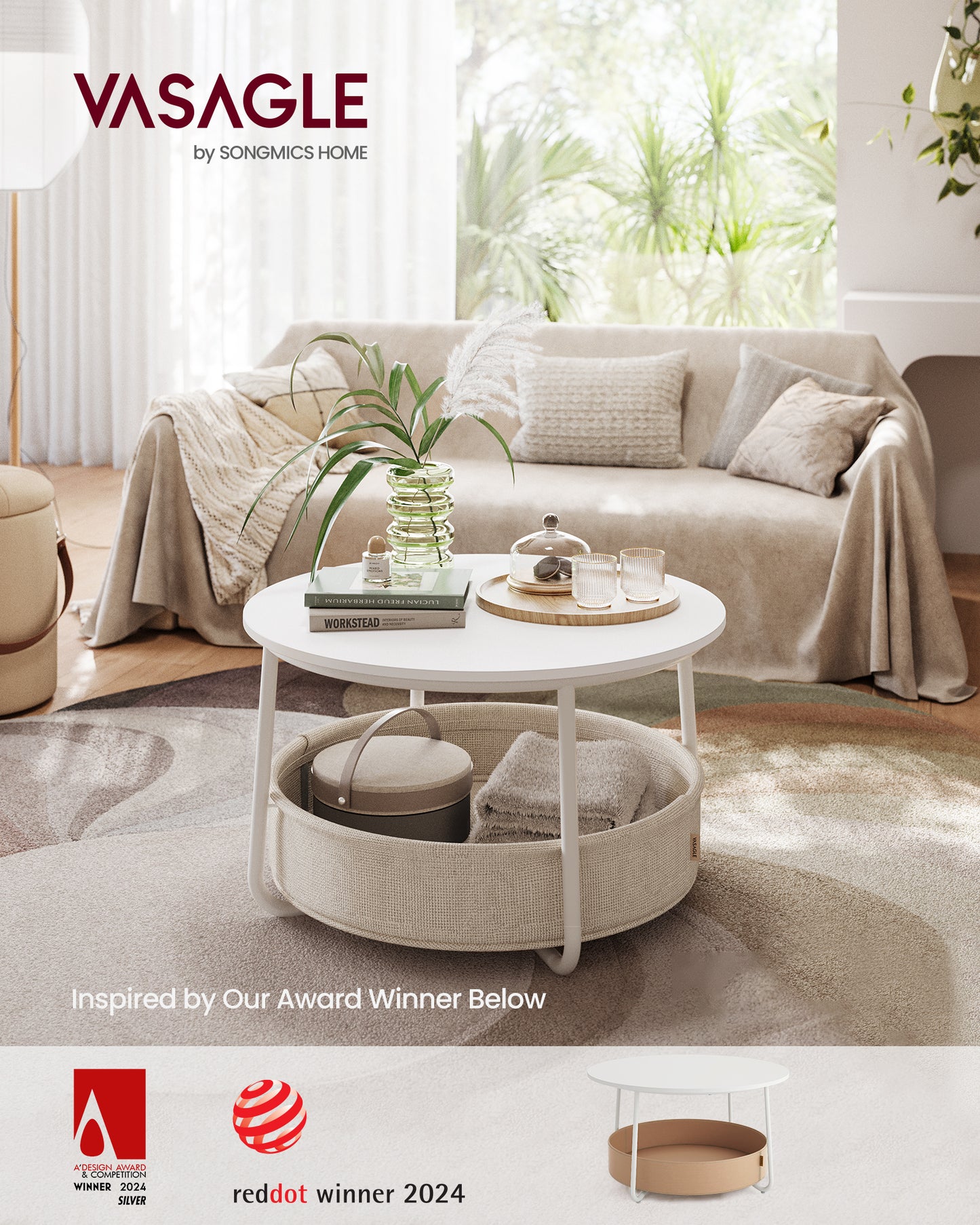 Modern Round Coffee Table with Storage Basket, Metal Frame Center Table in Matte White & Camel Brown