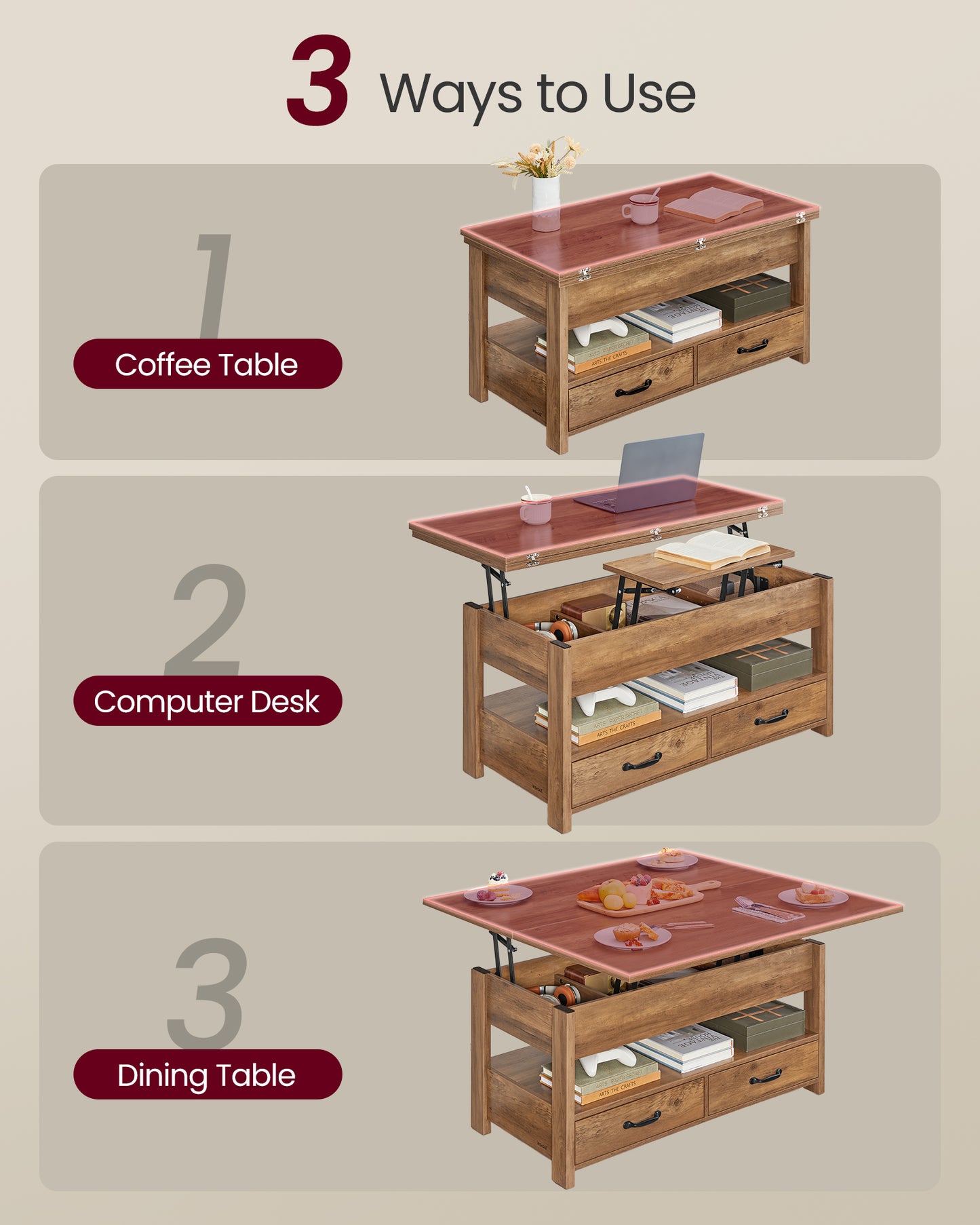 VASAGLE Lift Top Coffee Table, Center Table with Storage, Gas Spring, 2 Drawers and 3 Hidden Compartments, Open Shelf, for Living Room, Home Office, Honey Brown