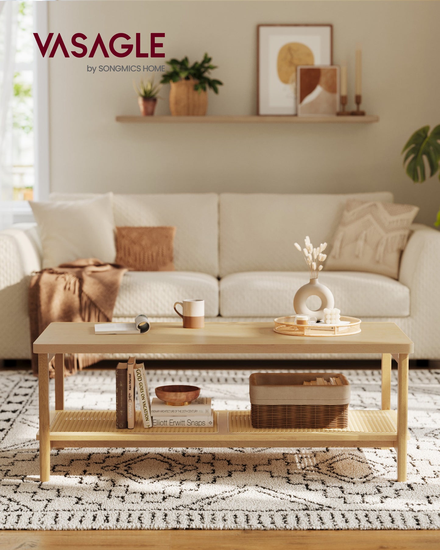 2-Tier Coffee Table with Rattan Shelf, 47.2 Inch Rectangular Living Room Table with Rounded Corners, 110 lb Capacity for Sofa Office, Oak Beige