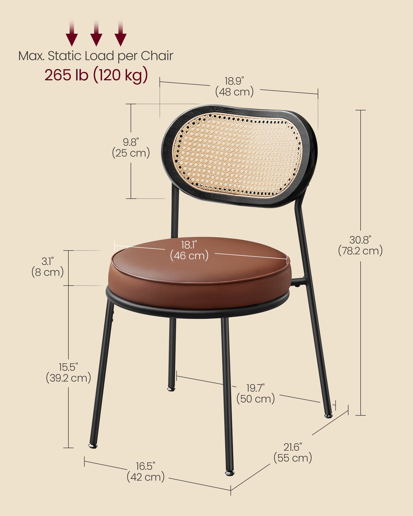 Dining Chairs, Set of 2 Dining Room Chair with Boho PE Rattan Back, Synthetic Leather Upholstered Accent Chairs for Kitchen Living Room, Coffee Brown