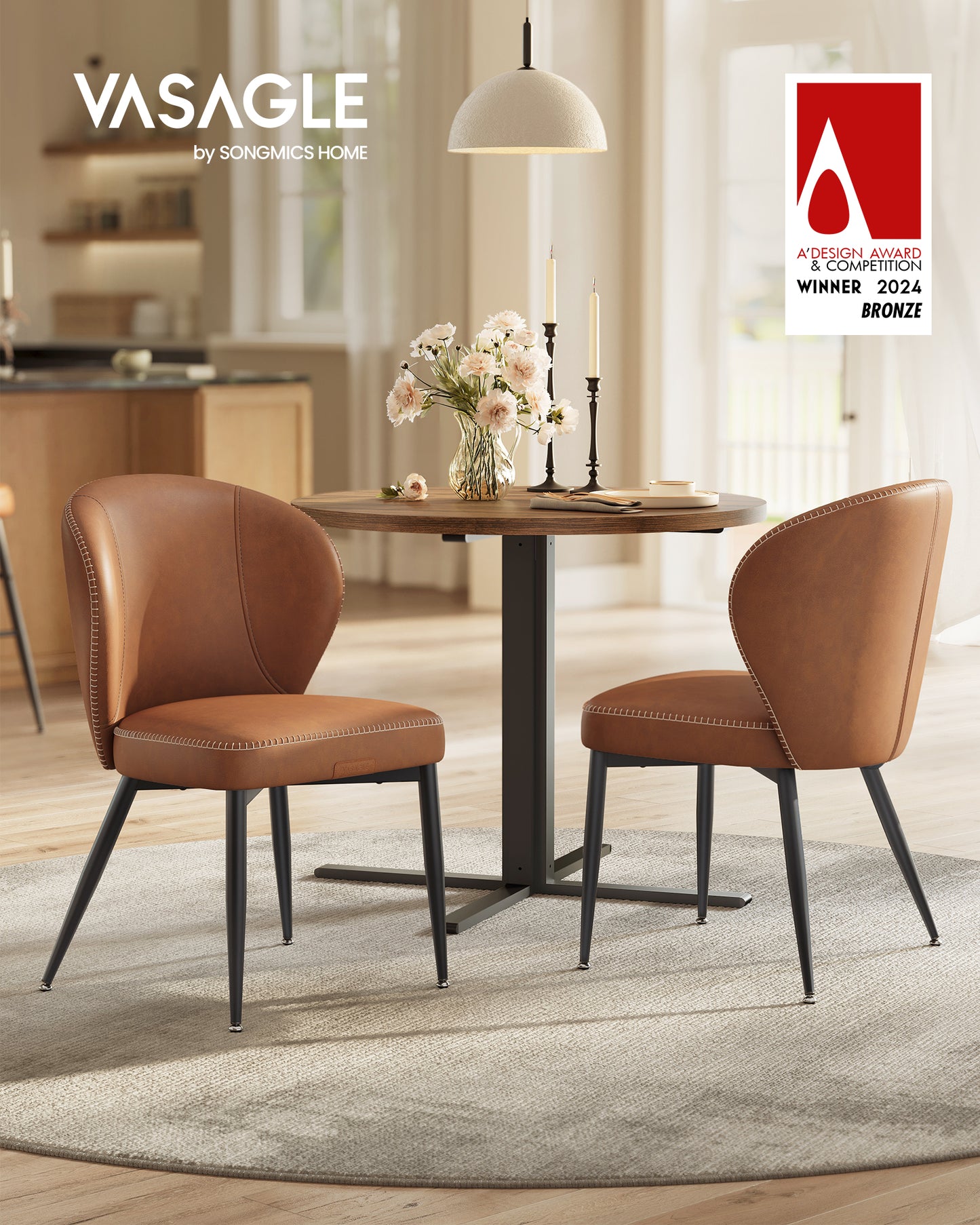 VASAGLE Dining Chairs Set of 2, Upholstered Kitchen Chairs, Synthetic Leather with Stitching, Mid-Century Modern, Caramel Brown