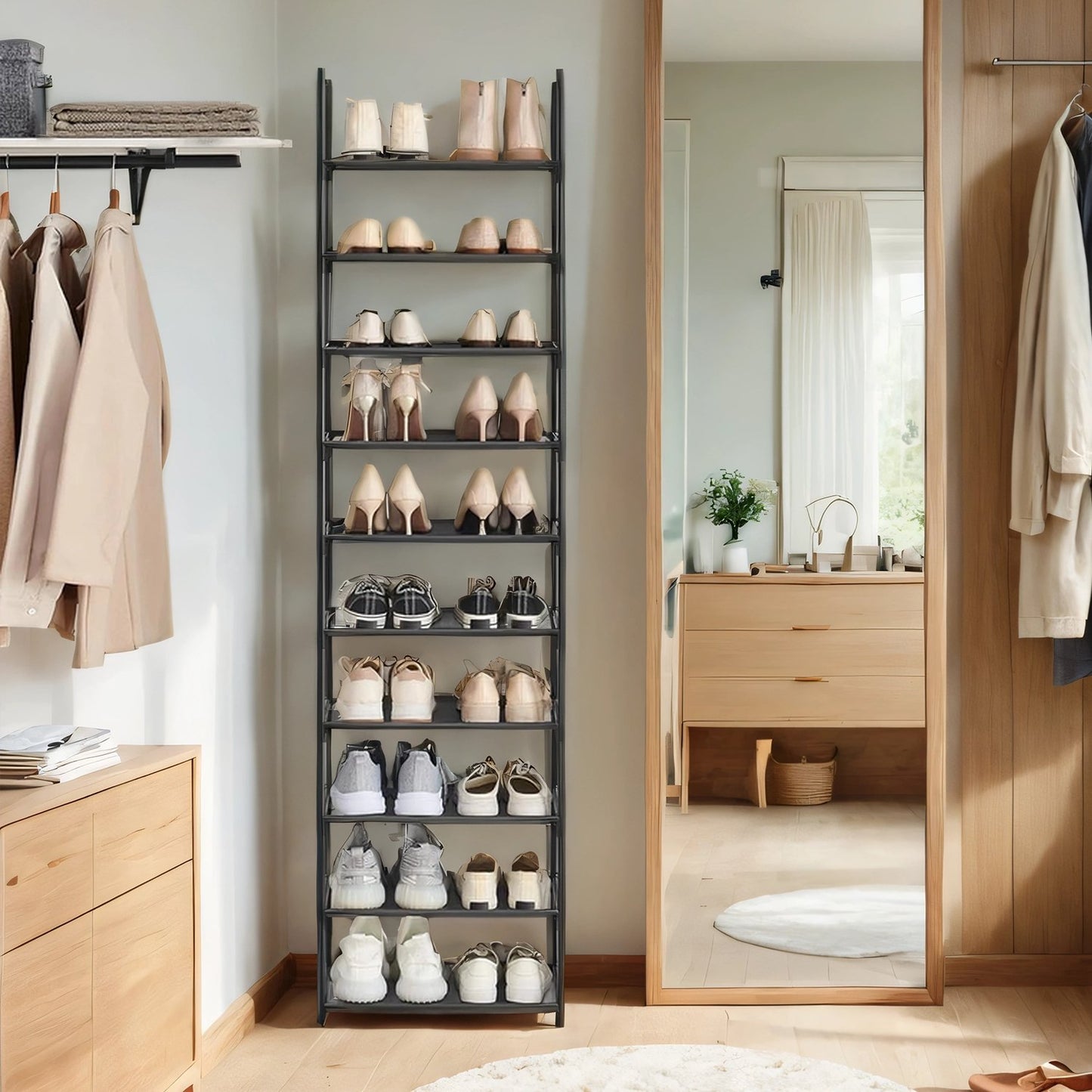 10-Tier Shoe Rack, Space-Saving Shoe Shelf Organizer, Sturdy Metal Frame & Non-Woven Shelves, for Entryway,Bedroom, Adjustable Height, Holds 30+ Pairs, Black