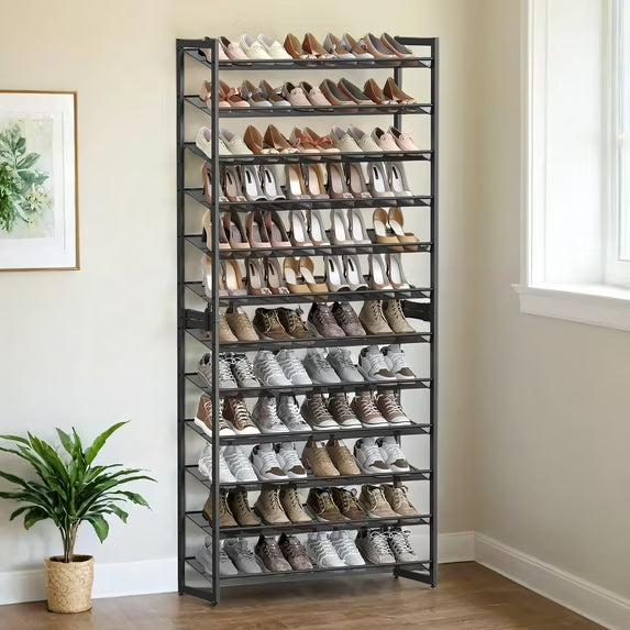 LEDREM 12-Tier Stackable Shoe Rack Organizer, Adjustable Fla,Angled Shelves for Entryway,Garage, Holds 48-60 Pairs, Set of 2, Black