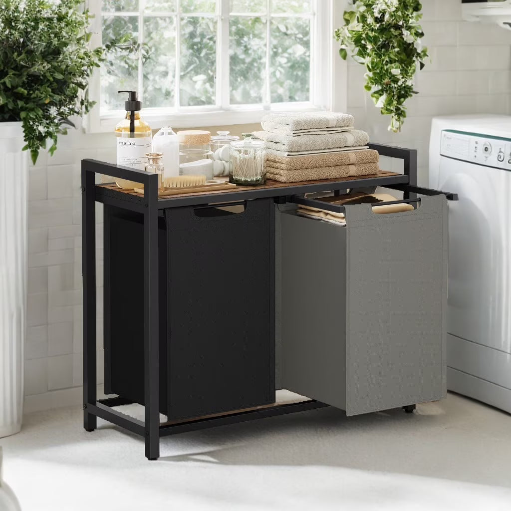 LEDREM 2-Compartment Laundry Hamper with Removable Bags & Storage Shelf, 92L Total Capacity, Steel Frame & Oxford Fabric, Rustic Brown and Charcoal Grey