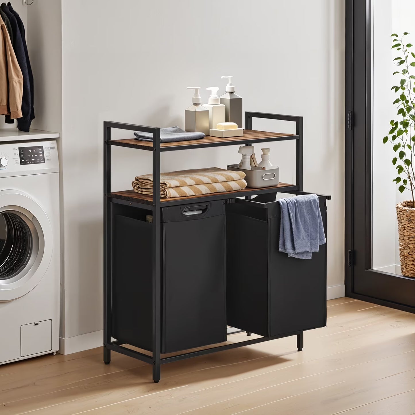 LEDREM 2-Compartment Laundry Sorter with Removable Bins & Shelves, 24.2 Gallon Capacity, Steel Frame, for Home Use, Rustic Brown and Black
