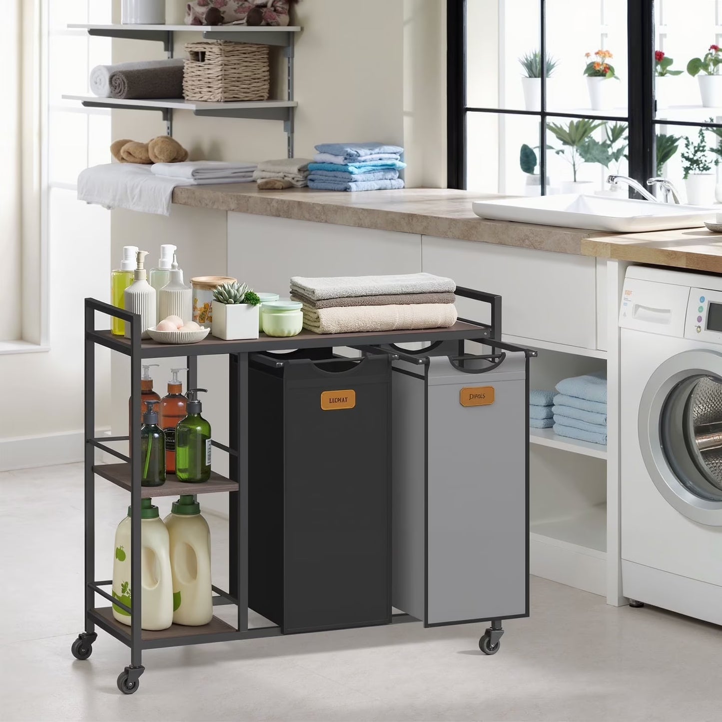 LEDREM 2-Compartment Rolling Laundry Sorter, 26.4 Gallon Capacity with Shelves & Labels, Mobile Storage Cart, Chestnut Brown, Ink Black and Dove Gray