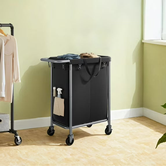 LEDREM 2-Section Rolling Laundry Hamper with Removable Liners, Steel Frame, Wheels & Brakes, 37-Gallon Capacity for Blankets & Clothes, Ink Black