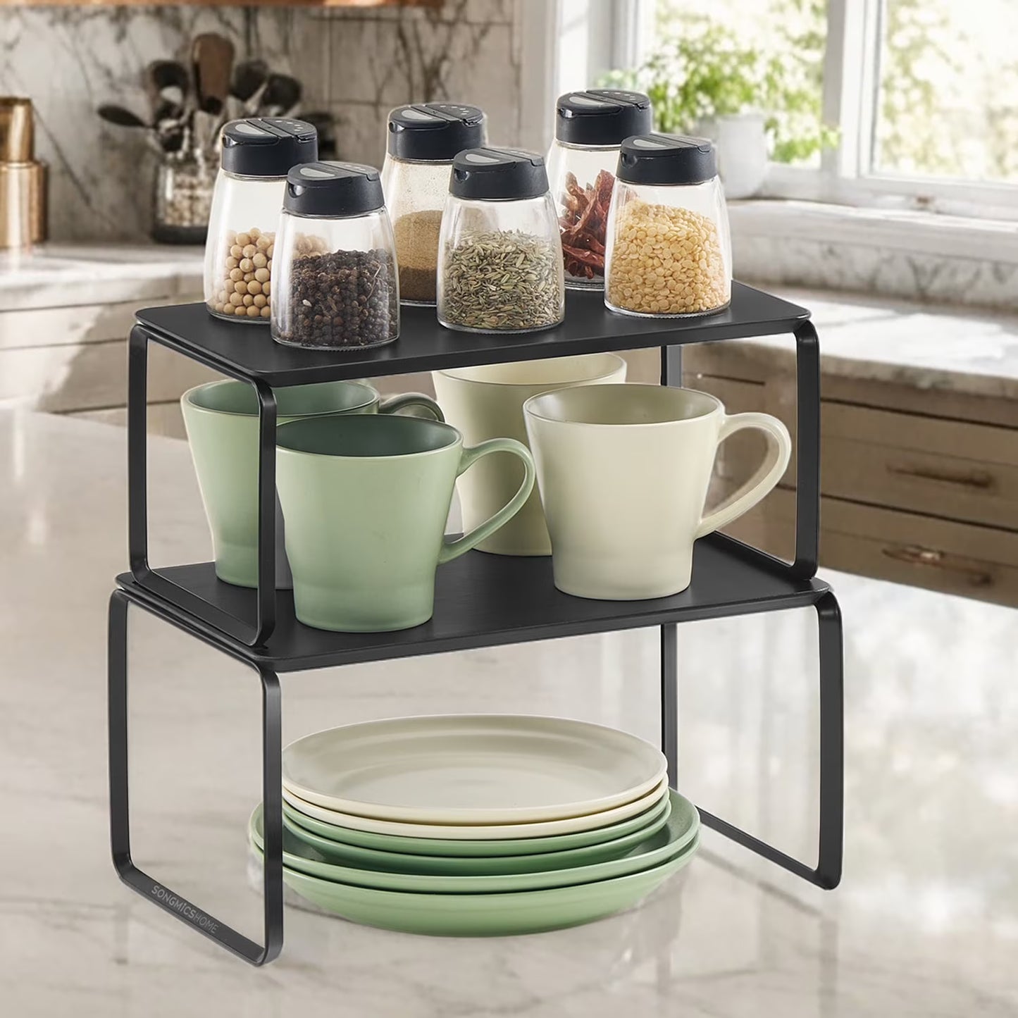 LEDREM 2-Tier Bamboo Shelf Organizer - Stackable Kitchen Storage Rack, Adjustable Layout, 22-24lb Capacity, Multi-Purpose, Ink Black