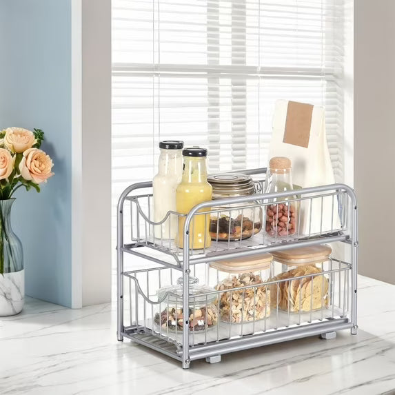LEDREM 2-Tier Sliding Cabinet Organizer - Steel Pull-Out Drawers, Adjustable Height, Stackable Design for Kitchen, Bathroom, Metallic Silver