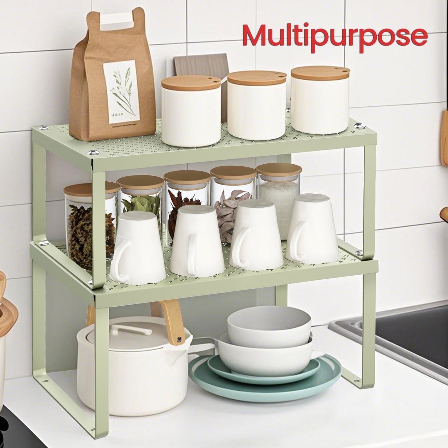 LEDREM 2-Tier Stackable Spice Rack Organizer – Heavy-Duty Metal Shelf Risers, Expandable Cabinet & Countertop Storage, Space-Saving Design, Sage Green